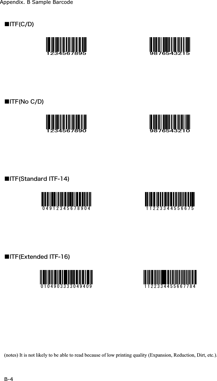 Appendix. B Sample Barcode B-4Ǫ&Eacute;&Ocirc;&AElig;&uml;&Atilde;&macr;&Auml;&copy; Ǫ&Eacute;&Ocirc;&AElig;&uml;&Icirc;&iuml;&Atilde;&macr;&Auml;&copy; Ǫ&Eacute;&Ocirc;&AElig;&uml;&Oacute;&ocirc;&aacute;&icirc;&auml;&aacute;&ograve;&auml;&Eacute;&Ocirc;&AElig;&plusmn;&acute;&copy; Ǫ&Eacute;&Ocirc;&AElig;&uml;&Aring;&oslash;&ocirc;&aring;&icirc;&auml;&aring;&auml;&Eacute;&Ocirc;&AElig;&plusmn;&para;&copy; (notes) It is not likely to be able to read because of low printing quality (Expansion, Reduction, Dirt, etc.). 