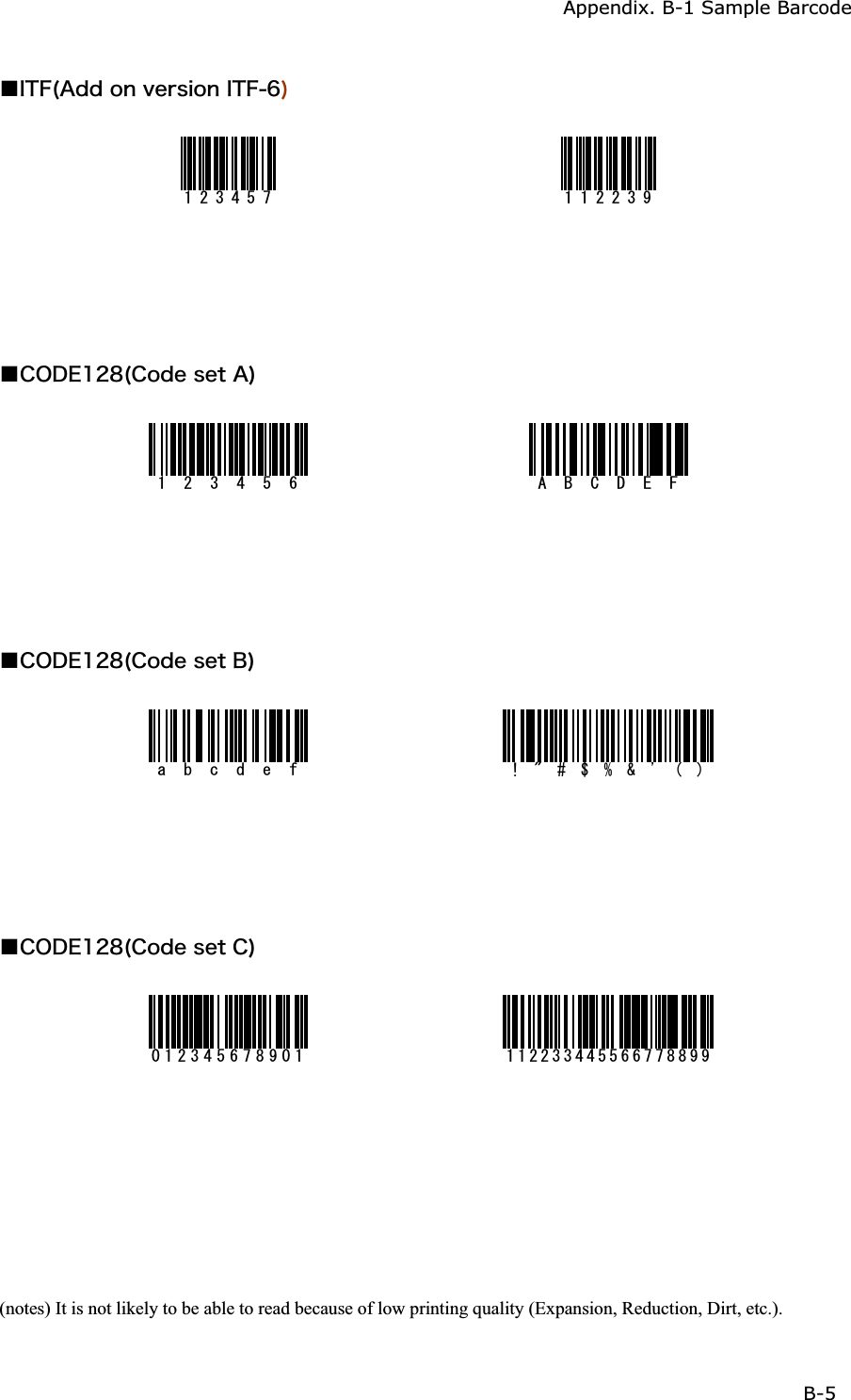 Appendix. B-1 Sample Barcode B-5ġǪ&Eacute;&Ocirc;&AElig;&uml;&Aacute;&auml;&auml;&iuml;&icirc;&ouml;&aring;&ograve;&oacute;&eacute;&iuml;&icirc;&Eacute;&Ocirc;&AElig;&para;&copy; Ǫ&Atilde;&Iuml;&Auml;&Aring;&plusmn;&sup2;&cedil;&uml;&Atilde;&iuml;&auml;&aring;&oacute;&aring;&ocirc;&Aacute;&copy; #$%&amp;'(Ǫ&Atilde;&Iuml;&Auml;&Aring;&plusmn;&sup2;&cedil;&uml;&Atilde;&iuml;&auml;&aring;&oacute;&aring;&ocirc;&Acirc;&copy;CDEFGHǪ&Atilde;&Iuml;&Auml;&Aring;&plusmn;&sup2;&cedil;&uml;&Atilde;&iuml;&auml;&aring;&oacute;&aring;&ocirc;&Atilde;&copy; (notes) It is not likely to be able to read because of low printing quality (Expansion, Reduction, Dirt, etc.). 