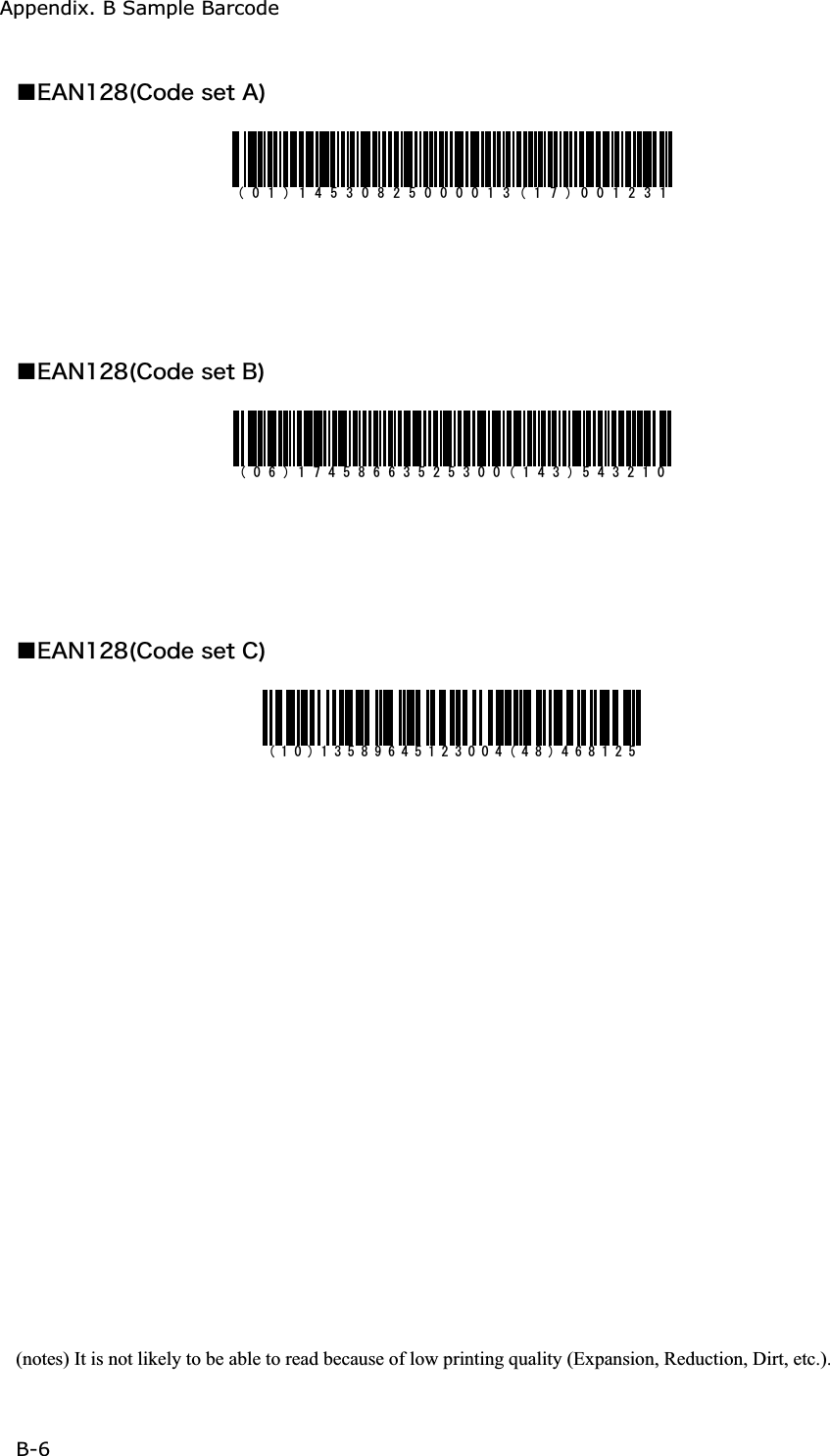 Appendix. B Sample Barcode B-6Ǫ&Aring;&Aacute;&Icirc;&plusmn;&sup2;&cedil;&uml;&Atilde;&iuml;&auml;&aring;&oacute;&aring;&ocirc;&Aacute;&copy;Ǫ&Aring;&Aacute;&Icirc;&plusmn;&sup2;&cedil;&uml;&Atilde;&iuml;&auml;&aring;&oacute;&aring;&ocirc;&Acirc;&copy;Ǫ&Aring;&Aacute;&Icirc;&plusmn;&sup2;&cedil;&uml;&Atilde;&iuml;&auml;&aring;&oacute;&aring;&ocirc;&Atilde;&copy;(notes) It is not likely to be able to read because of low printing quality (Expansion, Reduction, Dirt, etc.). 