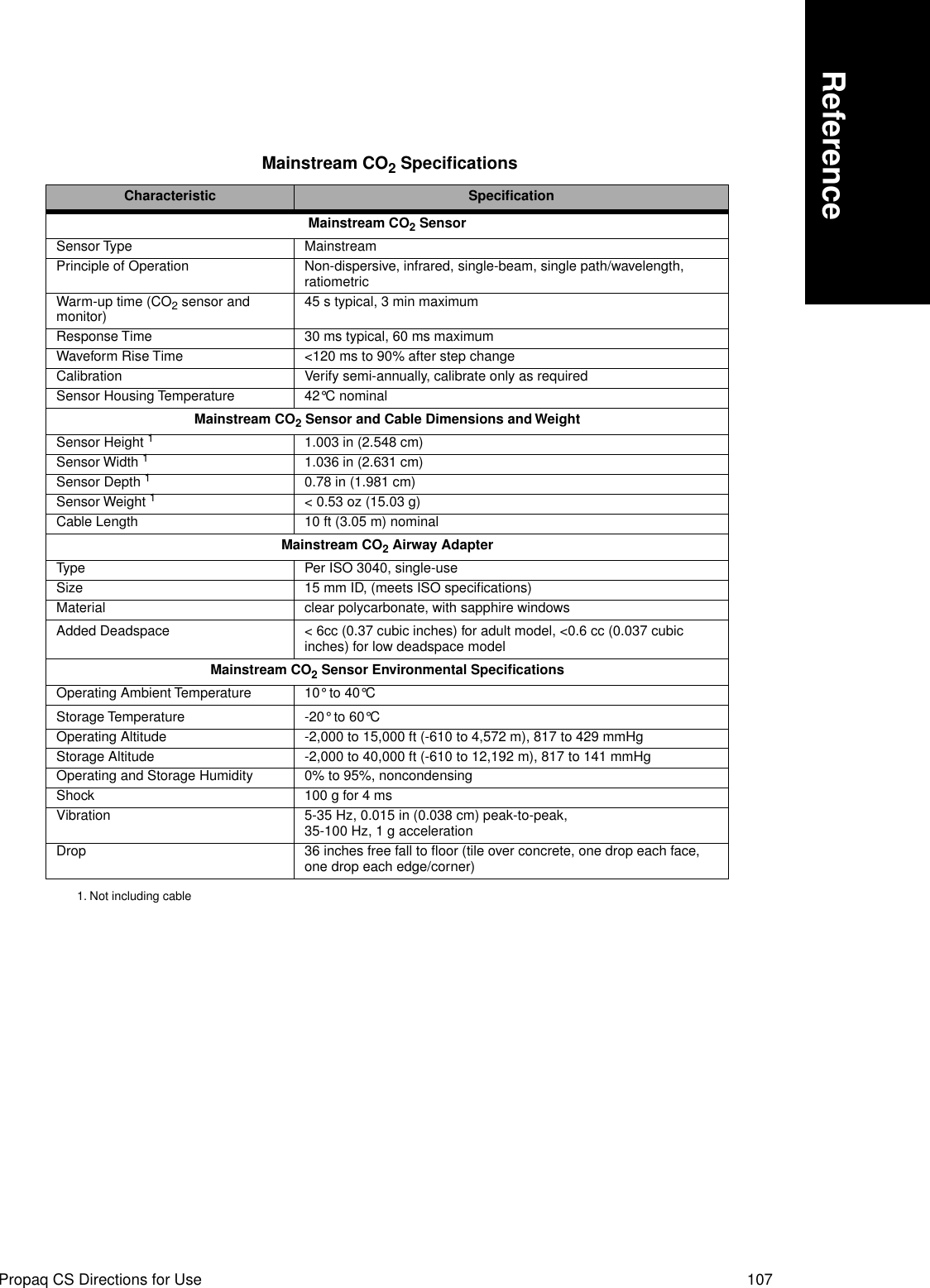 Propaq CS Directions for Use 107Reference  Mainstream CO2 SpeciﬁcationsCharacteristic SpeciﬁcationMainstream CO2 SensorSensor Type MainstreamPrinciple of Operation Non-dispersive, infrared, single-beam, single path/wavelength, ratiometricWarm-up time (CO2 sensor and monitor) 45 s typical, 3 min maximumResponse Time 30 ms typical, 60 ms maximumWaveform Rise Time &lt;120 ms to 90% after step changeCalibration Verify semi-annually, calibrate only as requiredSensor Housing Temperature 42°C nominalMainstream CO2 Sensor and Cable Dimensions and WeightSensor Height 11. Not including cable1.003 in (2.548 cm)Sensor Width 11.036 in (2.631 cm)Sensor Depth 10.78 in (1.981 cm)Sensor Weight 1&lt; 0.53 oz (15.03 g)Cable Length 10 ft (3.05 m) nominalMainstream CO2 Airway AdapterType Per ISO 3040, single-useSize 15 mm ID, (meets ISO speciﬁcations)Material clear polycarbonate, with sapphire windowsAdded Deadspace &lt; 6cc (0.37 cubic inches) for adult model, &lt;0.6 cc (0.037 cubic inches) for low deadspace modelMainstream CO2 Sensor Environmental SpeciﬁcationsOperating Ambient Temperature 10° to 40°CStorage Temperature -20° to 60°COperating Altitude -2,000 to 15,000 ft (-610 to 4,572 m), 817 to 429 mmHgStorage Altitude -2,000 to 40,000 ft (-610 to 12,192 m), 817 to 141 mmHgOperating and Storage Humidity 0% to 95%, noncondensingShock 100 g for 4 ms Vibration 5-35 Hz, 0.015 in (0.038 cm) peak-to-peak, 35-100 Hz, 1 g accelerationDrop  36 inches free fall to ﬂoor (tile over concrete, one drop each face, one drop each edge/corner)