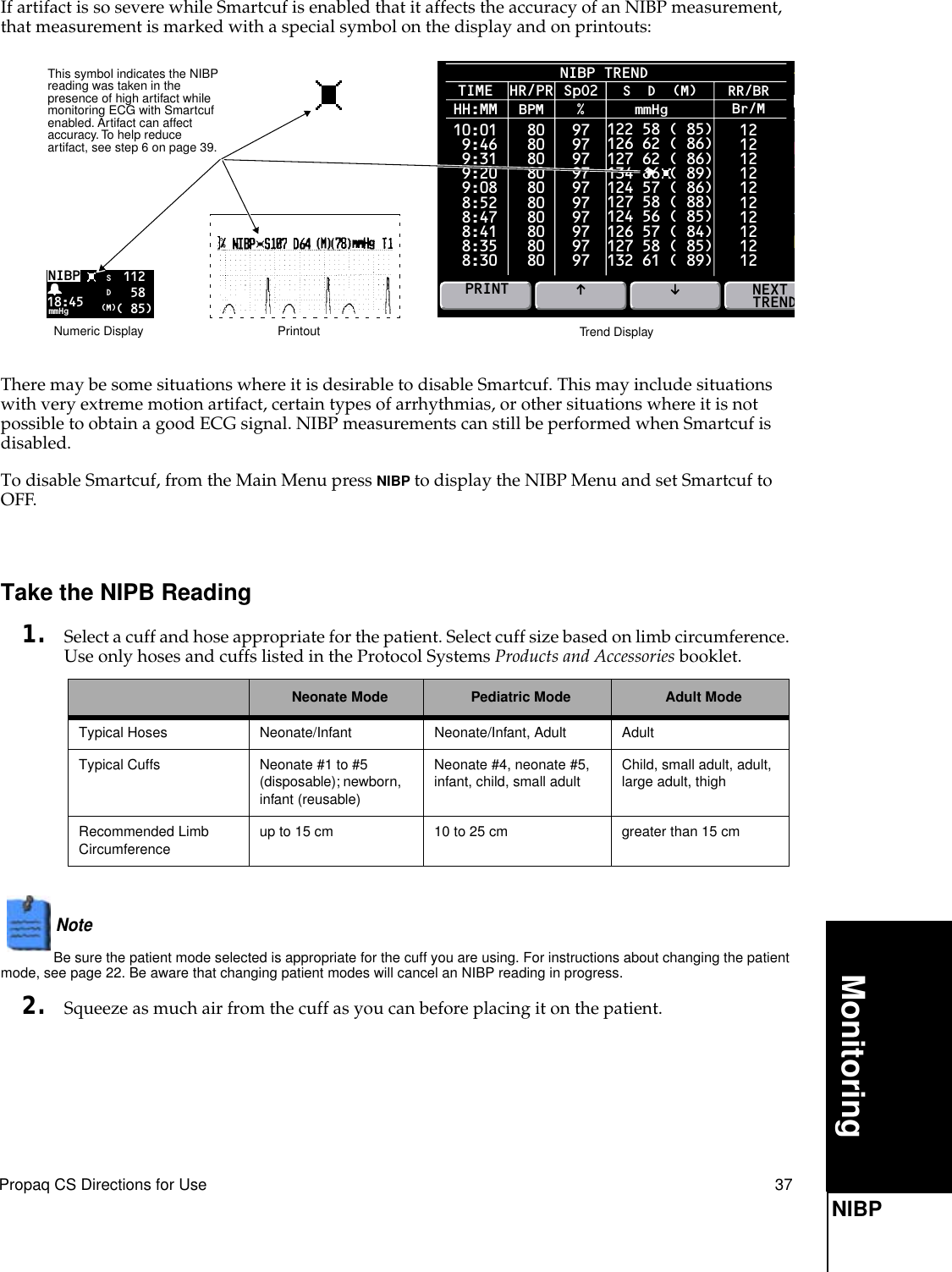 Propaq CS Directions for Use 37MonitoringNIBPIf artifact is so severe while Smartcuf is enabled that it affects the accuracy of an NIBP measurement, that measurement is marked with a special symbol on the display and on printouts:There may be some situations where it is desirable to disable Smartcuf. This may include situations with very extreme motion artifact, certain types of arrhythmias, or other situations where it is not possible to obtain a good ECG signal. NIBP measurements can still be performed when Smartcuf is disabled.To disable Smartcuf, from the Main Menu press NIBP to display the NIBP Menu and set Smartcuf to OFF.Take the NIPB Reading1. Select a cuff and hose appropriate for the patient. Select cuff size based on limb circumference. Use only hoses and cuffs listed in the Protocol Systems Products and Accessories booklet.Note  Be sure the patient mode selected is appropriate for the cuff you are using. For instructions about changing the patient mode, see page 22. Be aware that changing patient modes will cancel an NIBP reading in progress.2. Squeeze as much air from the cuff as you can before placing it on the patient.Neonate Mode Pediatric Mode Adult ModeTypical Hoses Neonate/Infant Neonate/Infant, Adult AdultTypical Cuffs Neonate #1 to #5 (disposable); newborn, infant (reusable)Neonate #4, neonate #5, infant, child, small adult Child, small adult, adult, large adult, thighRecommended Limb Circumferenceup to 15 cm 10 to 25 cm greater than 15 cmNIBP TRENDTIMEMONPRINT10:01 9:46 9:31 9:20 9:08 8:52 8:47 8:41 8:35 8:30HH:MMHR/PR SpO2S  D  (M) RR/BRBPM % mmHg Br/M8080808080808080808097979797979797979797122 58 ( 85)126 62 ( 86)127 62 ( 86)134 66 ( 89)124 57 ( 86)127 58 ( 88)124 56 ( 85)126 57 ( 84)127 58 ( 85)132 61 ( 89)12121212121212121212NEXT TRENDThis symbol indicates the NIBP reading was taken in the presence of high artifact while monitoring ECG with Smartcuf enabled. Artifact can affect accuracy. To help reduce artifact, see step 6 on page 39.Trend DisplayPrintout112 58 ( 85)NIBP18:45SD(M)mmHgNumeric Display