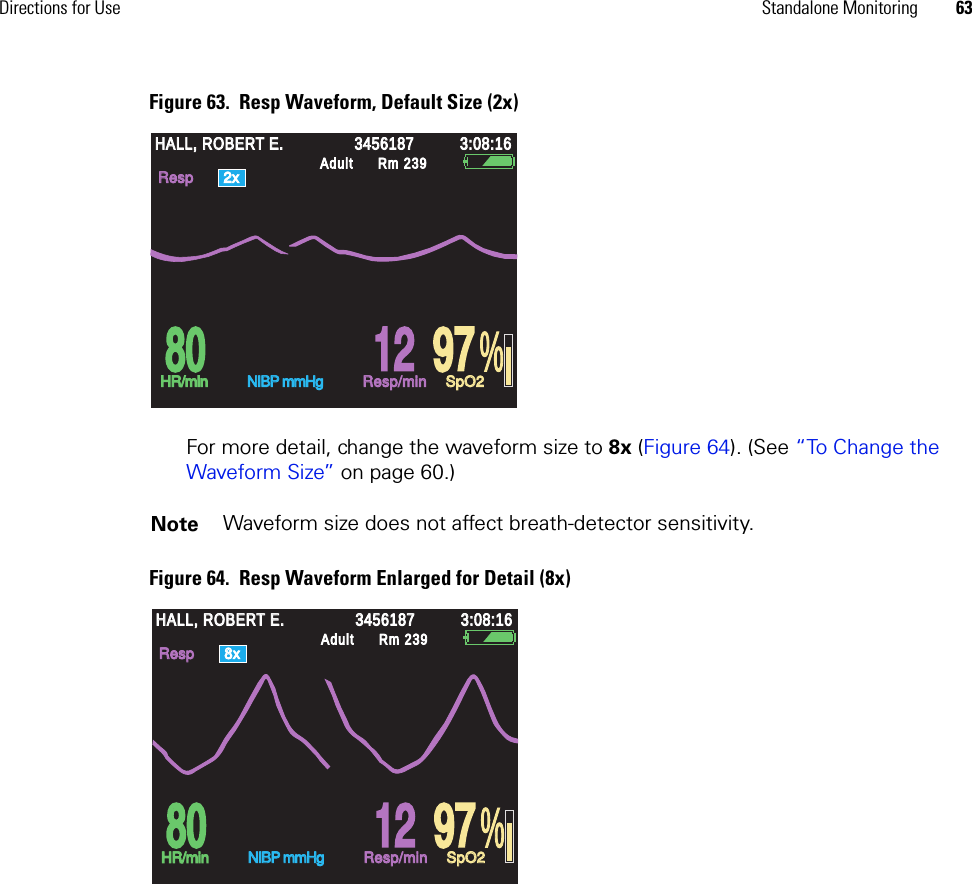 Directions for Use Standalone Monitoring 63Figure 63.  Resp Waveform, Default Size (2x)For more detail, change the waveform size to 8x (Figure 64). (See “To Change the Waveform Size” on page 60.)Figure 64.  Resp Waveform Enlarged for Detail (8x)Note Waveform size does not affect breath-detector sensitivity.%HALL, ROBERT E.HALL, ROBERT E.345618734561873:08:163:08:16AdultAdultRm 239Rm 239HR/minHR/minResp/minResp/minSpO2SpO2Resp       Resp       2x2x 80 80 12 12 97 97NIBP mmHgNIBP mmHg%HALL, ROBERT E.HALL, ROBERT E.345618734561873:08:163:08:16AdultAdultRm 239Rm 239HR/minHR/minResp/minResp/minSpO2SpO2Resp       Resp       8x8x 80 80 12 12 97 97NIBP mmHgNIBP mmHg