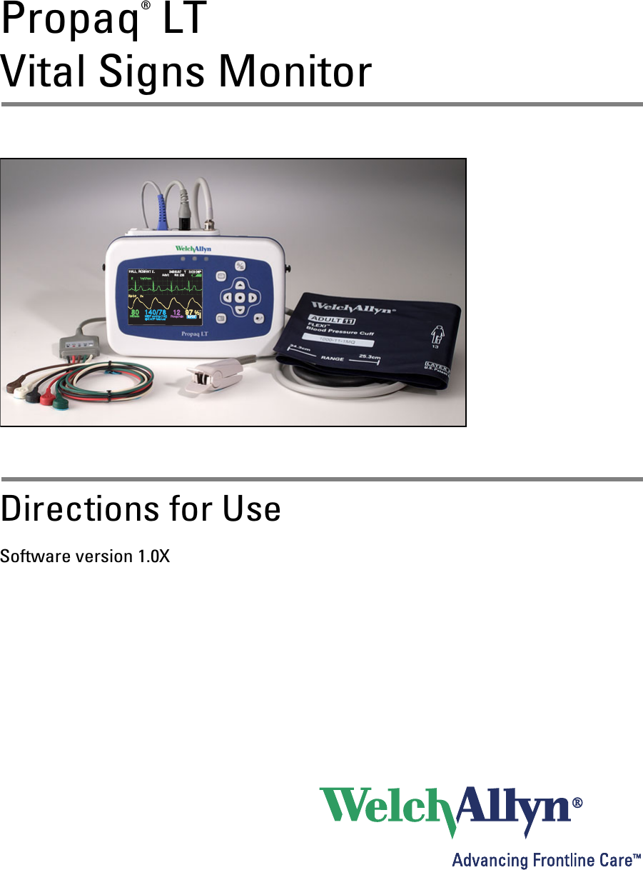 Propaq® LTVital Signs MonitorDirections for UseSoftware version 1.0X140/78140/78808012129797 %HALL, ROBERT E.HALL, RO BERT E. 34561873456187 3:00:06P3:00:06PAdultAdult Rm 239Rm  23 9HR/minHR/min NIBP mmHg (102)NIBP mmHg (102)@2:47P Manual@2:47P Manual Resp/minResp/min SpO2SpO2SpO2SpO2 2x2x  II        1mV/cm  II        1mV/cm