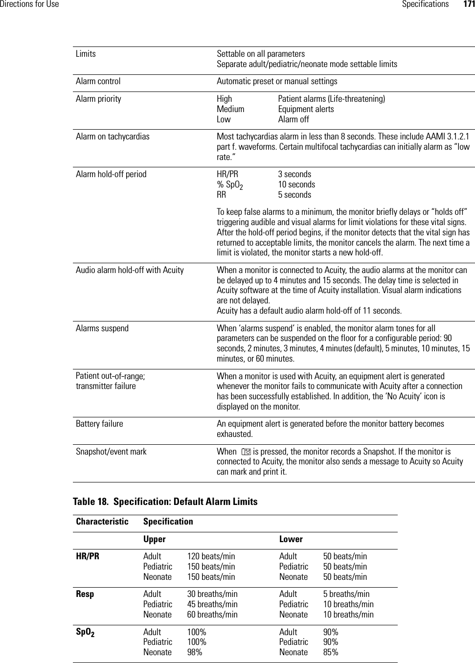 Directions for Use Specifications 171Limits Settable on all parametersSeparate adult/pediatric/neonate mode settable limitsAlarm control Automatic preset or manual settingsAlarm priority HighMediumLowPatient alarms (Life-threatening)Equipment alertsAlarm offAlarm on tachycardias Most tachycardias alarm in less than 8 seconds. These include AAMI 3.1.2.1 part f. waveforms. Certain multifocal tachycardias can initially alarm as “low rate.”Alarm hold-off period HR/PR% SpO2RR3 seconds10 seconds5 secondsTo keep false alarms to a minimum, the monitor briefly delays or “holds off” triggering audible and visual alarms for limit violations for these vital signs. After the hold-off period begins, if the monitor detects that the vital sign has returned to acceptable limits, the monitor cancels the alarm. The next time a limit is violated, the monitor starts a new hold-off.Audio alarm hold-off with Acuity When a monitor is connected to Acuity, the audio alarms at the monitor can be delayed up to 4 minutes and 15 seconds. The delay time is selected in Acuity software at the time of Acuity installation. Visual alarm indications are not delayed.Acuity has a default audio alarm hold-off of 11 seconds.Alarms suspend When ‘alarms suspend’ is enabled, the monitor alarm tones for all parameters can be suspended on the floor for a configurable period: 90 seconds, 2 minutes, 3 minutes, 4 minutes (default), 5 minutes, 10 minutes, 15 minutes, or 60 minutes. Patient out-of-range;transmitter failureWhen a monitor is used with Acuity, an equipment alert is generated whenever the monitor fails to communicate with Acuity after a connection has been successfully established. In addition, the ‘No Acuity’ icon is displayed on the monitor.Battery failure An equipment alert is generated before the monitor battery becomes exhausted.Snapshot/event mark When   is pressed, the monitor records a Snapshot. If the monitor is connected to Acuity, the monitor also sends a message to Acuity so Acuity can mark and print it. Table 18.  Specification: Default Alarm LimitsCharacteristic SpecificationUpper LowerHR/PR Adult 120 beats/minPediatric 150 beats/minNeonate 150 beats/minAdult 50 beats/minPediatric 50 beats/minNeonate 50 beats/minResp Adult 30 breaths/minPediatric 45 breaths/minNeonate 60 breaths/minAdult 5 breaths/minPediatric 10 breaths/minNeonate 10 breaths/minSpO2Adult 100%Pediatric 100%Neonate 98%Adult 90%Pediatric 90%Neonate 85%