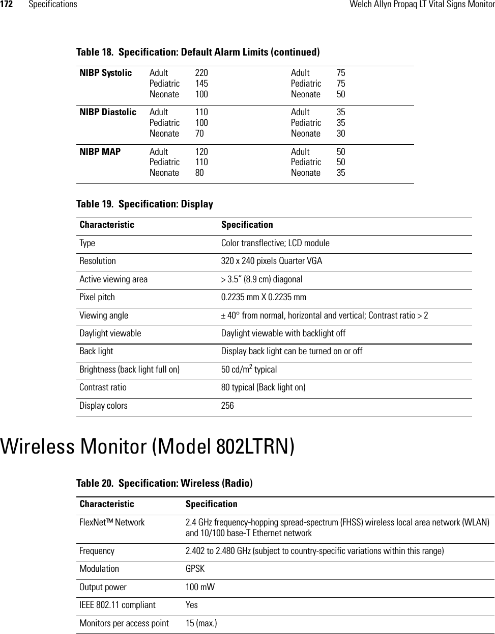 172 Specifications Welch Allyn Propaq LT Vital Signs MonitorWireless Monitor (Model 802LTRN)NIBP Systolic Adult 220Pediatric 145Neonate 100Adult 75Pediatric 75Neonate 50NIBP Diastolic Adult 110Pediatric 100Neonate 70Adult 35Pediatric 35Neonate 30NIBP MAP Adult 120Pediatric 110Neonate 80Adult 50Pediatric 50Neonate 35Table 19.  Specification: DisplayCharacteristic SpecificationType Color transflective; LCD moduleResolution 320 x 240 pixels Quarter VGAActive viewing area &gt; 3.5” (8.9 cm) diagonalPixel pitch 0.2235 mm X 0.2235 mmViewing angle ± 40° from normal, horizontal and vertical; Contrast ratio &gt; 2Daylight viewable Daylight viewable with backlight offBack light Display back light can be turned on or offBrightness (back light full on) 50 cd/m2 typicalContrast ratio  80 typical (Back light on)Display colors 256Table 18.  Specification: Default Alarm Limits (continued)Table 20.  Specification: Wireless (Radio)Characteristic SpecificationFlexNet™ Network 2.4 GHz frequency-hopping spread-spectrum (FHSS) wireless local area network (WLAN) and 10/100 base-T Ethernet networkFrequency 2.402 to 2.480 GHz (subject to country-specific variations within this range)Modulation GPSKOutput power 100 mWIEEE 802.11 compliant YesMonitors per access point 15 (max.)