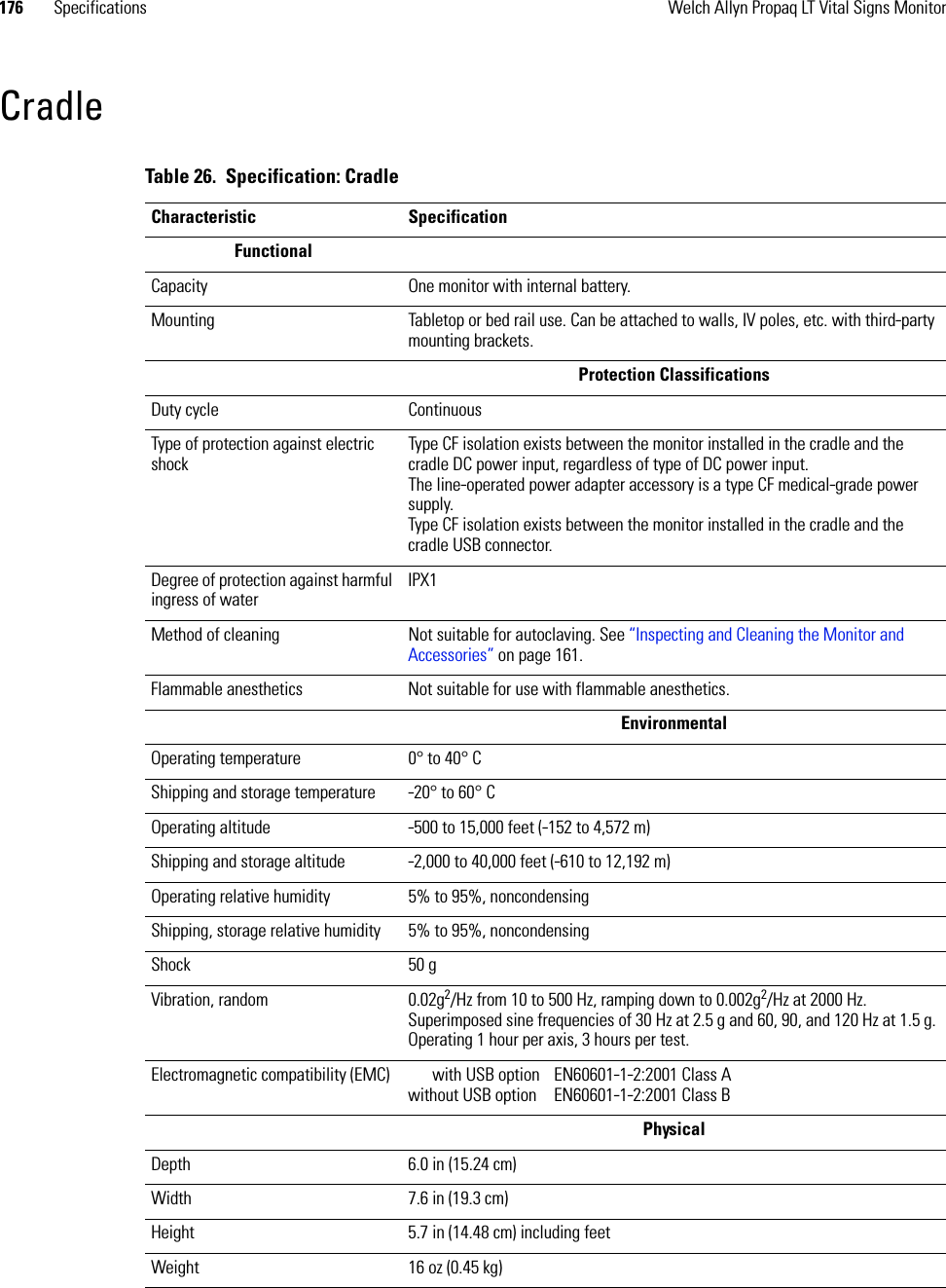 176 Specifications Welch Allyn Propaq LT Vital Signs MonitorCradleTable 26.  Specification: CradleCharacteristic SpecificationFunctionalCapacity One monitor with internal battery.Mounting Tabletop or bed rail use. Can be attached to walls, IV poles, etc. with third-party mounting brackets.Protection ClassificationsDuty cycle ContinuousType of protection against electric shockType CF isolation exists between the monitor installed in the cradle and the cradle DC power input, regardless of type of DC power input. The line-operated power adapter accessory is a type CF medical-grade power supply.Type CF isolation exists between the monitor installed in the cradle and the cradle USB connector.Degree of protection against harmful ingress of waterIPX1Method of cleaning Not suitable for autoclaving. See “Inspecting and Cleaning the Monitor and Accessories” on page 161.Flammable anesthetics Not suitable for use with flammable anesthetics. EnvironmentalOperating temperature 0° to 40° CShipping and storage temperature -20° to 60° COperating altitude -500 to 15,000 feet (-152 to 4,572 m)Shipping and storage altitude -2,000 to 40,000 feet (-610 to 12,192 m)Operating relative humidity 5% to 95%, noncondensingShipping, storage relative humidity 5% to 95%, noncondensingShock 50 gVibration, random 0.02g2/Hz from 10 to 500 Hz, ramping down to 0.002g2/Hz at 2000 Hz. Superimposed sine frequencies of 30 Hz at 2.5 g and 60, 90, and 120 Hz at 1.5 g. Operating 1 hour per axis, 3 hours per test.Electromagnetic compatibility (EMC) with USB option EN60601-1-2:2001 Class A without USB option EN60601-1-2:2001 Class BPhysicalDepth 6.0 in (15.24 cm)Width 7.6 in (19.3 cm)Height 5.7 in (14.48 cm) including feetWeight 16 oz (0.45 kg)