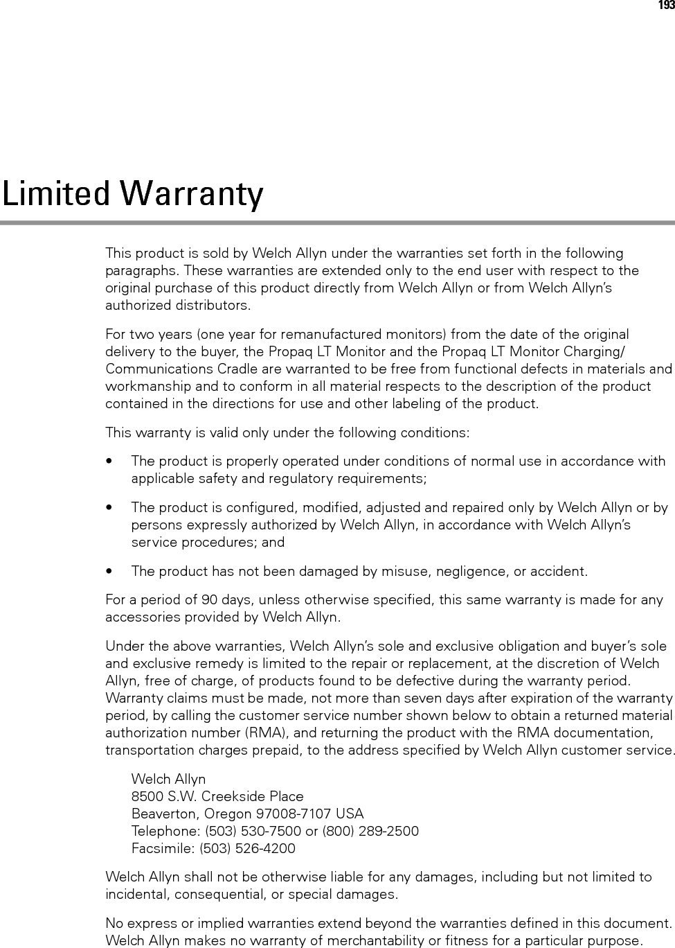 194 Limited Warranty Welch Allyn Propaq LT Vital Signs Monitor