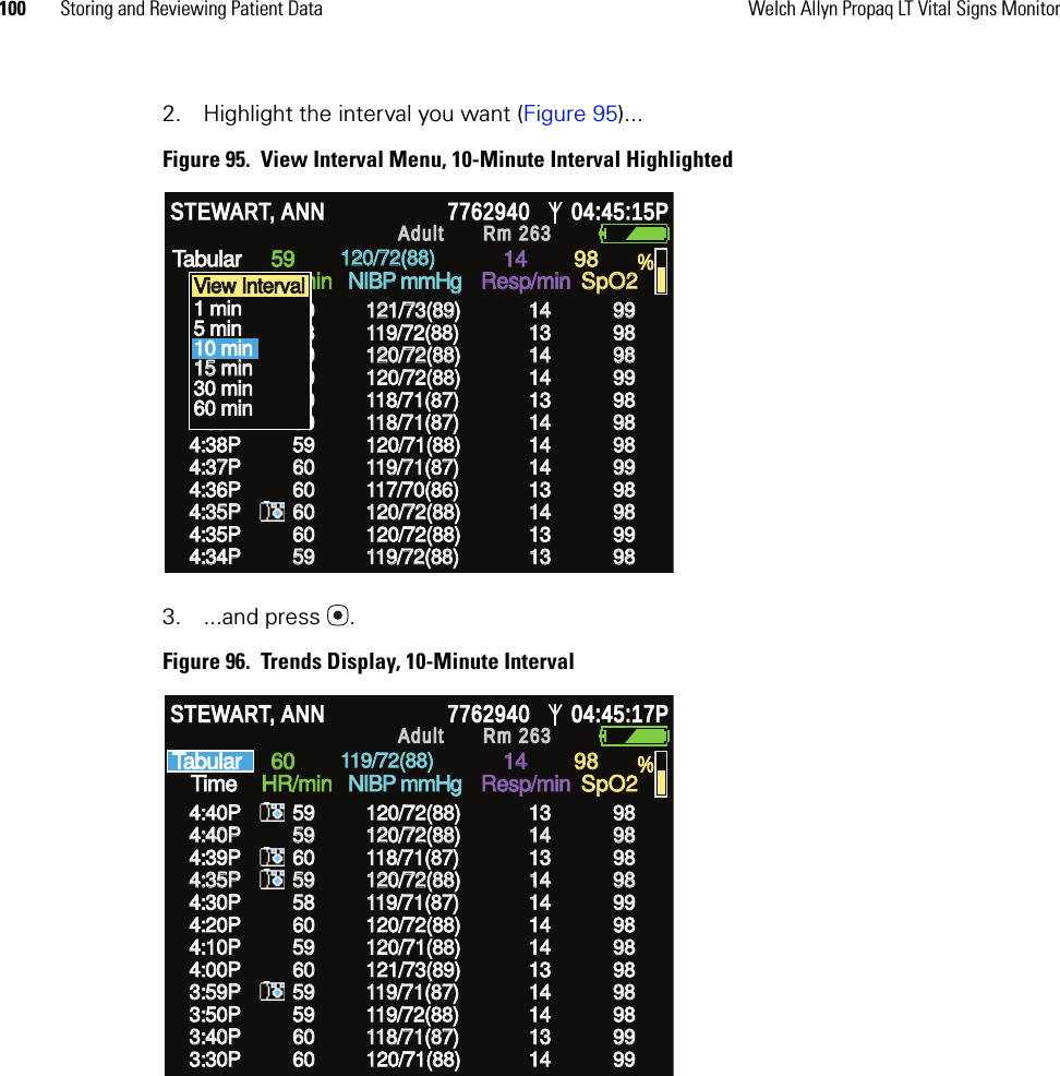 100 Storing and Reviewing Patient Data Welch Allyn Propaq LT Vital Signs Monitor2. Highlight the interval you want (Figure 95)...Figure 95.  View Interval Menu, 10-Minute Interval Highlighted3. ...and press . Figure 96.  Trends Display, 10-Minute IntervalHR/min HR/min NIBP mmHg NIBP mmHg Resp/min Resp/min SpO2 SpO2 % % STEWART, ANN STEWART, ANN 7762940 7762940 04:45:15P 04:45:15P Adult Adult Rm 263Rm 263Time Time Tabular Tabular 59 59 14 14 98 98 120/72(88) 120/72(88) 4:42P 4:42P 4:40P 4:40P 4:39P 4:39P 4:41P 4:41P 4:40P 4:40P 4:39P 4:39P 4:38P 4:38P 60 60 59 59 60 60 58 58 59 59 60 60 59 59 121/73(89) 121/73(89) 120/72(88) 120/72(88) 118/71(87) 118/71(87) 119/72(88) 119/72(88) 120/72(88) 120/72(88) 118/71(87) 118/71(87) 120/71(88) 120/71(88) 14 14 14 14 13 13 13 13 14 14 14 14 14 14 99 99 98 98 98 98 98 98 99 99 98 98 98 98  4:37P 4:37P 60 60 119/71(87) 119/71(87) 14 14 99 99 4:36P 4:36P 60 60 117/70(86) 117/70(86) 13 13 98 98 4:35P 4:35P 60 60 120/72(88) 120/72(88) 14 14 98 98 4:35P 4:35P 60 60 120/72(88) 120/72(88) 13 13 99 99 4:34P 4:34P 59 59 119/72(88) 119/72(88) 13 13 98 98 View Interval  View Interval  1 min 1 min 5 min 5 min 10 min 10 min 15 min 15 min 30 min 30 min 60 min 60 min HR/min HR/min NIBP mmHg NIBP mmHg Resp/min Resp/min SpO2 SpO2 % % STEWART, ANN STEWART, ANN 7762940 7762940 04:45:17P 04:45:17P Adult Adult Rm 263Rm 263Time Time Tabular Tabular 60 60 14 14 98 98 119/72(88) 119/72(88) 4:40P 4:40P 4:39P 4:39P 4:30P 4:30P 4:40P 4:40P 4:35P 4:35P 4:20P 4:20P 4:10P 4:10P 59 59 60 60 58 58 59 59 59 59 60 60 59 59 120/72(88) 120/72(88) 118/71(87) 118/71(87) 119/71(87) 119/71(87) 120/72(88) 120/72(88) 120/72(88) 120/72(88) 120/72(88) 120/72(88) 120/71(88) 120/71(88) 13 13 13 13 14 14 14 14 14 14 14 14 14 14 98 98 98 98 99 99 98 98 98 98 98 98 98 98  4:00P 4:00P 60 60 121/73(89) 121/73(89) 13 13 98 98 3:59P 3:59P 59 59 119/71(87) 119/71(87) 14 14 98 98 3:50P 3:50P 59 59 119/72(88) 119/72(88) 14 14 98 98 3:40P 3:40P 60 60 118/71(87) 118/71(87) 13 13 99 99 3:30P 3:30P 60 60 120/71(88) 120/71(88) 14 14 99 99 