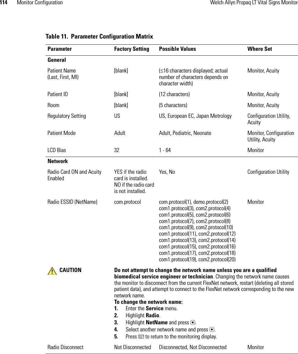 114 Monitor Configuration Welch Allyn Propaq LT Vital Signs MonitorTable 11.  Parameter Configuration MatrixParameter Factory Setting Possible Values Where SetGeneralPatient Name(Last, First, MI)[blank] (≤16 characters displayed; actual number of characters depends on character width)Monitor, AcuityPatient ID [blank] (12 characters) Monitor, AcuityRoom [blank] (5 characters) Monitor, AcuityRegulatory Setting US US, European EC, Japan Metrology Configuration Utility, AcuityPatient Mode Adult Adult, Pediatric, Neonate Monitor, Configuration Utility, AcuityLCD Bias 32 1 - 64 MonitorNetworkRadio Card ON and Acuity EnabledYES if the radio card is installed.NO if the radio card is not installed.Yes, No Configuration UtilityRadio ESSID (NetName) com.protocol com.protocol(1), demo.protocol(2)com1.protocol(3), com2.protocol(4)com1.protocol(5), com2.protocol(6)com1.protocol(7), com2.protocol(8)com1.protocol(9), com2.protocol(10)com1.protocol(11), com2.protocol(12)com1.protocol(13), com2.protocol(14)com1.protocol(15), com2.protocol(16)com1.protocol(17), com2.protocol(18)com1.protocol(19), com2.protocol(20)MonitorCAUTION Do not attempt to change the network name unless you are a qualified biomedical service engineer or technician. Changing the network name causes the monitor to disconnect from the current FlexNet network, restart (deleting all stored patient data), and attempt to connect to the FlexNet network corresponding to the new network name.To change the network name:1. Enter the Service menu.2. Highlight Radio.3. Highlight NetName and press .4. Select another network name and press  .5. Press   to return to the monitoring display.Radio Disconnect Not Disconnected Disconnected, Not Disconnected Monitor