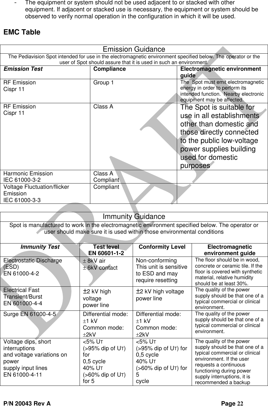  P/N 20043 Rev A                Page 22 - The equipment or system should not be used adjacent to or stacked with other equipment. If adjacent or stacked use is necessary, the equipment or system should be observed to verify normal operation in the configuration in which it will be used.  EMC Table  Emission Guidance The Pediavision Spot intended for use in the electromagnetic environment specified below. The operator or the user of Spot should assure that it is used in such an environment. Emission Test Compliance Electromagnetic environment guide RF Emission Cispr 11 Group 1 The  Spot must emit electromagnetic energy in order to perform its intended function.  Nearby electronic equipment may be affected. RF Emission Cispr 11 Class A The Spot is suitable for use in all establishments other than domestic and those directly connected to the public low-voltage power supplies building used for domestic purposes Harmonic Emission IEC 61000-3-2 Class A Compliant  Voltage Fluctuation/flicker Emission IEC 61000-3-3 Compliant   Immunity Guidance Spot is manufactured to work in the electromagnetic environment specified below. The operator or user should make sure it is used within those environmental conditions Immunity Test Test level EN 60601-1-2 Conformity Level Electromagnetic environment guide Electrostatic Discharge (ESD) EN 61000-4-2 8kV air 6kV contact Non-conforming This unit is sensitive to ESD and may require resetting The floor should be in wood, concrete or ceramic tile. If the floor is covered with synthetic material, relative humidity should be at least 30%. Electrical Fast Transient/Burst EN 601000-4-4 ±2 kV high voltage power line ±2 kV high voltage power line The quality of the power supply should be that one of a typical commercial or clinical environment. Surge EN 61000-4-5 Differential mode: 1 kV Common mode: 2kV Differential mode: 1 kV Common mode: 2kV The quality of the power supply should be that one of a typical commercial or clinical environment. Voltage dips, short interruptions and voltage variations on power supply input lines EN 61000-4-11 &lt;5% UT (&gt;95% dip of UT) for 0,5 cycle 40% UT (&gt;60% dip of UT) for 5 &lt;5% UT (&gt;95% dip of UT) for 0,5 cycle 40% UT (&gt;60% dip of UT) for 5 cycle The quality of the power supply should be that one of a typical commercial or clinical environment. If the user requests a continuous functioning during power supply interruptions, it is recommended a backup 