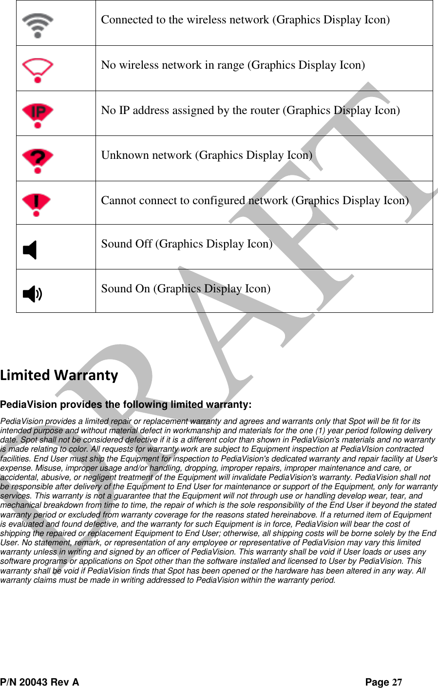  P/N 20043 Rev A                Page 27  Connected to the wireless network (Graphics Display Icon)  No wireless network in range (Graphics Display Icon)  No IP address assigned by the router (Graphics Display Icon)  Unknown network (Graphics Display Icon)  Cannot connect to configured network (Graphics Display Icon)  Sound Off (Graphics Display Icon)  Sound On (Graphics Display Icon)   Limited Warranty  PediaVision provides the following limited warranty: PediaVision provides a limited repair or replacement warranty and agrees and warrants only that Spot will be fit for its intended purpose and without material defect in workmanship and materials for the one (1) year period following delivery date. Spot shall not be considered defective if it is a different color than shown in PediaVision&apos;s materials and no warranty is made relating to color. All requests for warranty work are subject to Equipment inspection at PediaVIsion contracted facilities. End User must ship the Equipment for inspection to PediaVision&apos;s dedicated warranty and repair facility at User&apos;s expense. Misuse, improper usage and/or handling, dropping, improper repairs, improper maintenance and care, or accidental, abusive, or negligent treatment of the Equipment will invalidate PediaVision&apos;s warranty. PediaVision shall not be responsible after delivery of the Equipment to End User for maintenance or support of the Equipment, only for warranty services. This warranty is not a guarantee that the Equipment will not through use or handling develop wear, tear, and mechanical breakdown from time to time, the repair of which is the sole responsibility of the End User if beyond the stated warranty period or excluded from warranty coverage for the reasons stated hereinabove. If a returned item of Equipment is evaluated and found defective, and the warranty for such Equipment is in force, PediaVision will bear the cost of shipping the repaired or replacement Equipment to End User; otherwise, all shipping costs will be borne solely by the End User. No statement, remark, or representation of any employee or representative of PediaVision may vary this limited warranty unless in writing and signed by an officer of PediaVision. This warranty shall be void if User loads or uses any software programs or applications on Spot other than the software installed and licensed to User by PediaVision. This warranty shall be void if PediaVision finds that Spot has been opened or the hardware has been altered in any way. All warranty claims must be made in writing addressed to PediaVision within the warranty period. 