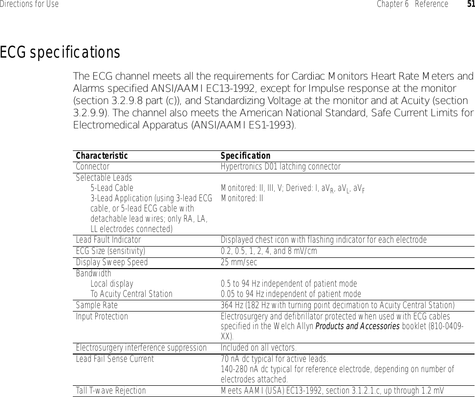 Directions for Use Chapter 6   Reference 51ECG specificationsThe ECG channel meets all the requirements for Cardiac Monitors Heart Rate Meters and Alarms specified ANSI/AAMI EC13-1992, except for Impulse response at the monitor (section 3.2.9.8 part (c)), and Standardizing Voltage at the monitor and at Acuity (section 3.2.9.9). The channel also meets the American National Standard, Safe Current Limits for Electromedical Apparatus (ANSI/AAMI ES1-1993).Characteristic SpecificationConnector Hypertronics D01 latching connectorSelectable Leads5-Lead Cable3-Lead Application (using 3-lead ECG cable, or 5-lead ECG cable with detachable lead wires; only RA, LA, LL electrodes connected)Monitored: II, III, V; Derived: I, aVR, aVL, aVFMonitored: IILead Fault Indicator Displayed chest icon with flashing indicator for each electrodeECG Size (sensitivity) 0.2, 0.5, 1, 2, 4, and 8 mV/cmDisplay Sweep Speed 25 mm/secBandwidthLocal displayTo Acuity Central Station 0.5 to 94 Hz independent of patient mode0.05 to 94 Hz independent of patient modeSample Rate 364 Hz (182 Hz with turning point decimation to Acuity Central Station)Input Protection Electrosurgery and defibrillator protected when used with ECG cables specified in the Welch Allyn Products and Accessories booklet (810-0409-XX).Electrosurgery interference suppression Included on all vectors.Lead Fail Sense Current 70 nA dc typical for active leads.140-280 nA dc typical for reference electrode, depending on number of electrodes attached.Tall T-wave Rejection Meets AAMI (USA) EC13-1992, section 3.1.2.1.c, up through 1.2 mV