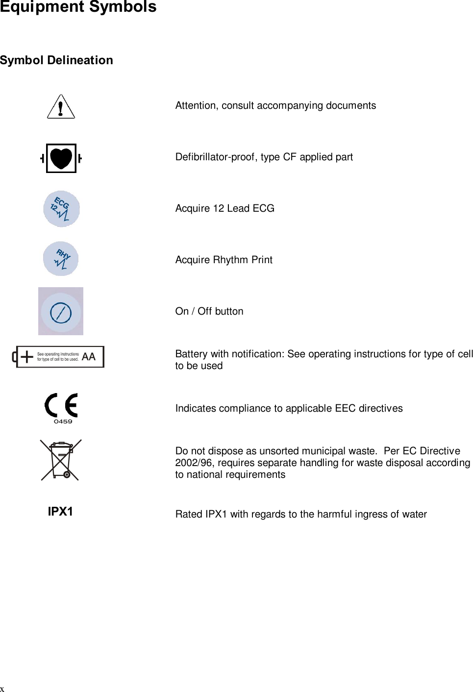  x  Equipment Symbols    Symbol Delineation    Attention, consult accompanying documents   Defibrillator-proof, type CF applied part   Acquire 12 Lead ECG   Acquire Rhythm Print   On / Off button     Battery with notification: See operating instructions for type of cell to be used   Indicates compliance to applicable EEC directives   Do not dispose as unsorted municipal waste.  Per EC Directive 2002/96, requires separate handling for waste disposal according to national requirements IPX1  Rated IPX1 with regards to the harmful ingress of water  