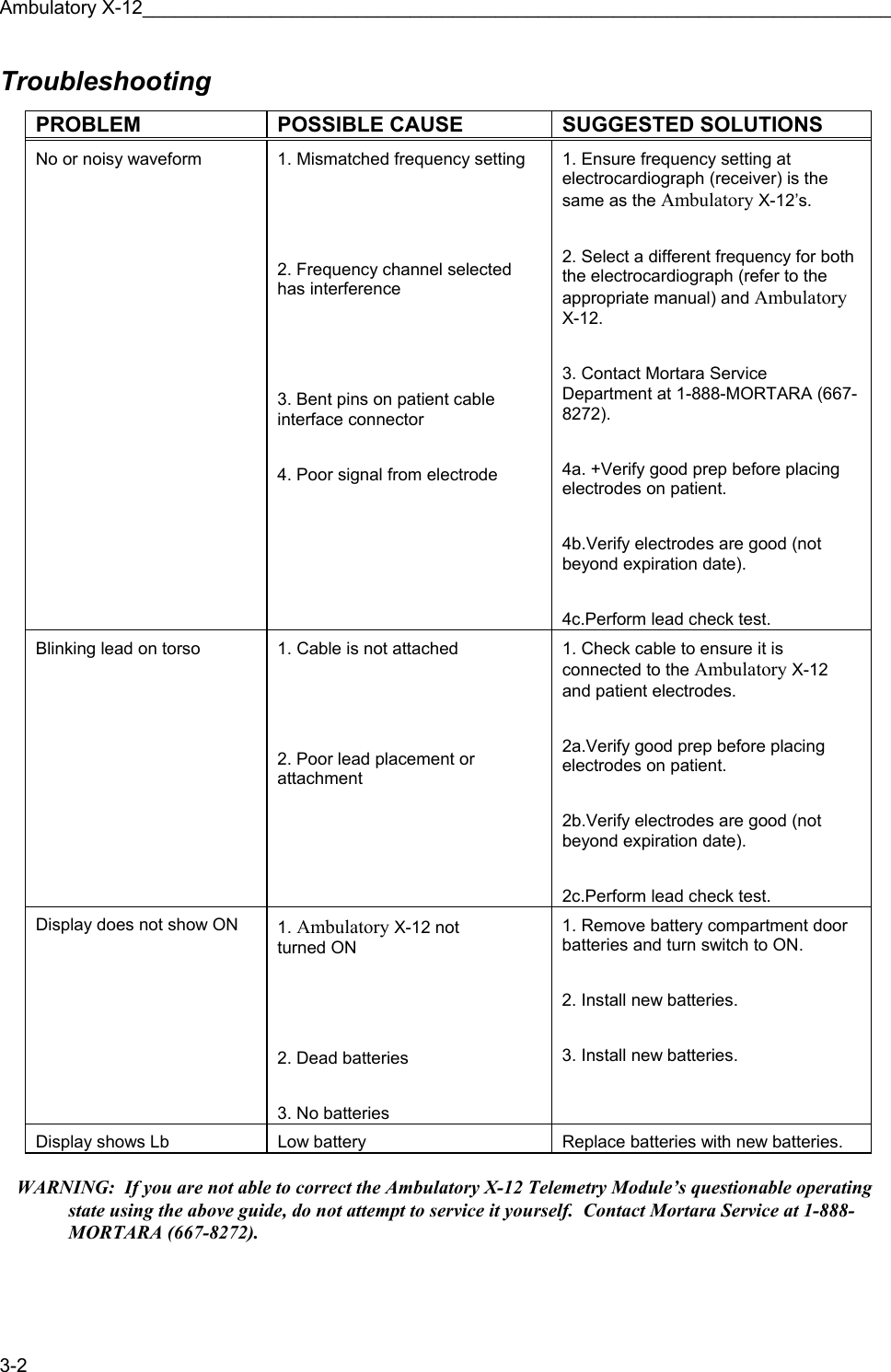 Ambulatory X-12______________________________________________________________________ 3-2 Troubleshooting  PROBLEM  POSSIBLE CAUSE  SUGGESTED SOLUTIONS No or noisy waveform  1. Mismatched frequency setting    2. Frequency channel selected has interference    3. Bent pins on patient cable interface connector  4. Poor signal from electrode 1. Ensure frequency setting at electrocardiograph (receiver) is the same as the Ambulatory X-12’s.  2. Select a different frequency for both the electrocardiograph (refer to the appropriate manual) and Ambulatory X-12.  3. Contact Mortara Service Department at 1-888-MORTARA (667-8272).  4a. +Verify good prep before placing electrodes on patient.  4b.Verify electrodes are good (not beyond expiration date).  4c.Perform lead check test. Blinking lead on torso  1. Cable is not attached    2. Poor lead placement or attachment 1. Check cable to ensure it is connected to the Ambulatory X-12 and patient electrodes.  2a.Verify good prep before placing electrodes on patient.  2b.Verify electrodes are good (not beyond expiration date).  2c.Perform lead check test. Display does not show ON  1. Ambulatory X-12 not       turned ON    2. Dead batteries  3. No batteries 1. Remove battery compartment door batteries and turn switch to ON.  2. Install new batteries.  3. Install new batteries.  Display shows Lb  Low battery  Replace batteries with new batteries.  WARNING:  If you are not able to correct the Ambulatory X-12 Telemetry Module’s questionable operating state using the above guide, do not attempt to service it yourself.  Contact Mortara Service at 1-888-MORTARA (667-8272).  