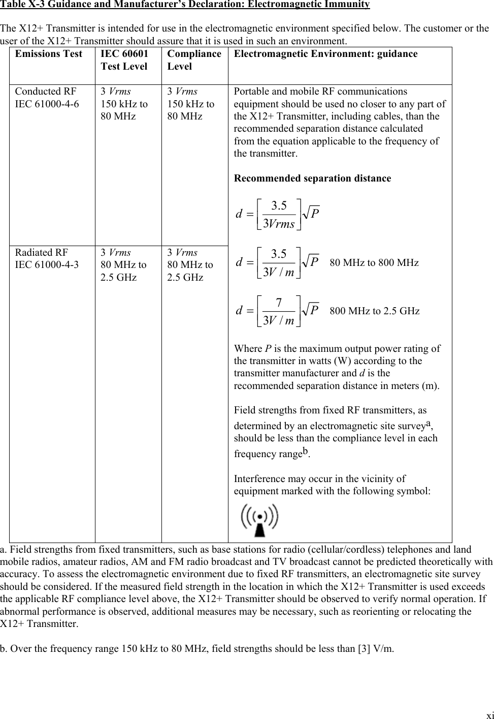  xi Table X-3 Guidance and Manufacturer’s Declaration: Electromagnetic Immunity  The X12+ Transmitter is intended for use in the electromagnetic environment specified below. The customer or the user of the X12+ Transmitter should assure that it is used in such an environment. Emissions Test IEC 60601 Test Level  Compliance Level Electromagnetic Environment: guidance Conducted RF IEC 61000-4-6    3 Vrms 150 kHz to 80 MHz  3 Vrms 150 kHz to 80 MHz  Radiated RF IEC 61000-4-3  3 Vrms 80 MHz to 2.5 GHz  3 Vrms 80 MHz to 2.5 GHz  Portable and mobile RF communications equipment should be used no closer to any part of the X12+ Transmitter, including cables, than the recommended separation distance calculated from the equation applicable to the frequency of the transmitter.  Recommended separation distance  PVrmsd=35.3   PmVd=/35.3    80 MHz to 800 MHz  PmVd=/37   800 MHz to 2.5 GHz  Where P is the maximum output power rating of the transmitter in watts (W) according to the transmitter manufacturer and d is the recommended separation distance in meters (m).  Field strengths from fixed RF transmitters, as determined by an electromagnetic site surveya, should be less than the compliance level in each frequency rangeb.   Interference may occur in the vicinity of equipment marked with the following symbol:  a. Field strengths from fixed transmitters, such as base stations for radio (cellular/cordless) telephones and land mobile radios, amateur radios, AM and FM radio broadcast and TV broadcast cannot be predicted theoretically with accuracy. To assess the electromagnetic environment due to fixed RF transmitters, an electromagnetic site survey should be considered. If the measured field strength in the location in which the X12+ Transmitter is used exceeds the applicable RF compliance level above, the X12+ Transmitter should be observed to verify normal operation. If abnormal performance is observed, additional measures may be necessary, such as reorienting or relocating the X12+ Transmitter.  b. Over the frequency range 150 kHz to 80 MHz, field strengths should be less than [3] V/m. 