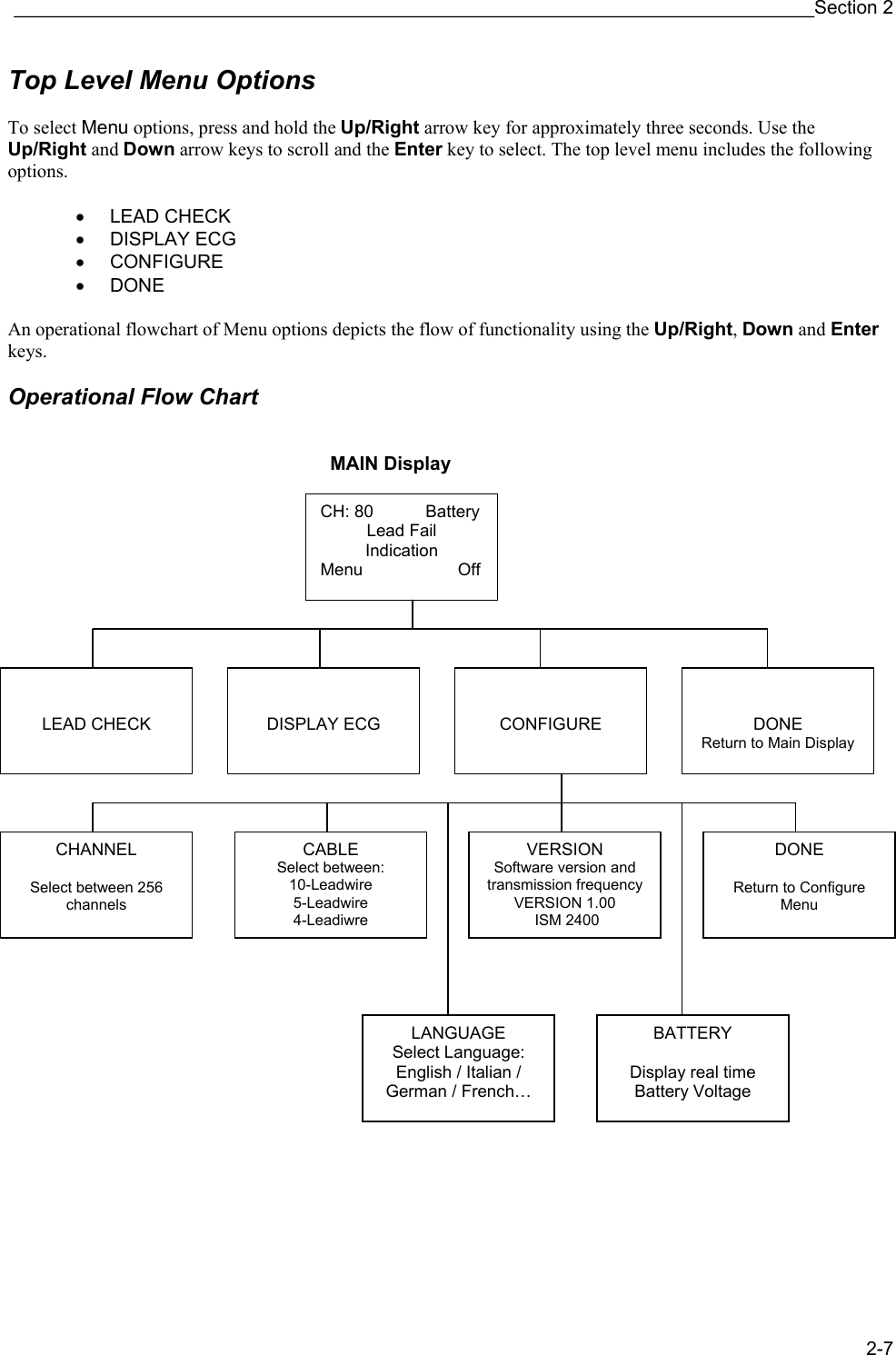 ____________________________________________________________________________Section 2 2-7 Top Level Menu Options  To select Menu options, press and hold the Up/Right arrow key for approximately three seconds. Use the Up/Right and Down arrow keys to scroll and the Enter key to select. The top level menu includes the following options.    • LEAD CHECK • DISPLAY ECG • CONFIGURE • DONE  An operational flowchart of Menu options depicts the flow of functionality using the Up/Right, Down and Enter keys.  Operational Flow Chart      MAIN Display                                      CH: 80           BatteryLead Fail Indication Menu                    Off  LEAD CHECK   DISPLAY ECG   CONFIGURE   DONE Return to Main Display CHANNEL  Select between 256 channels CABLE Select between: 10-Leadwire 5-Leadwire 4-Leadiwre VERSION Software version and transmission frequency VERSION 1.00   ISM 2400 DONE  Return to Configure Menu LANGUAGE Select Language: English / Italian / German / French… BATTERY  Display real time Battery Voltage 