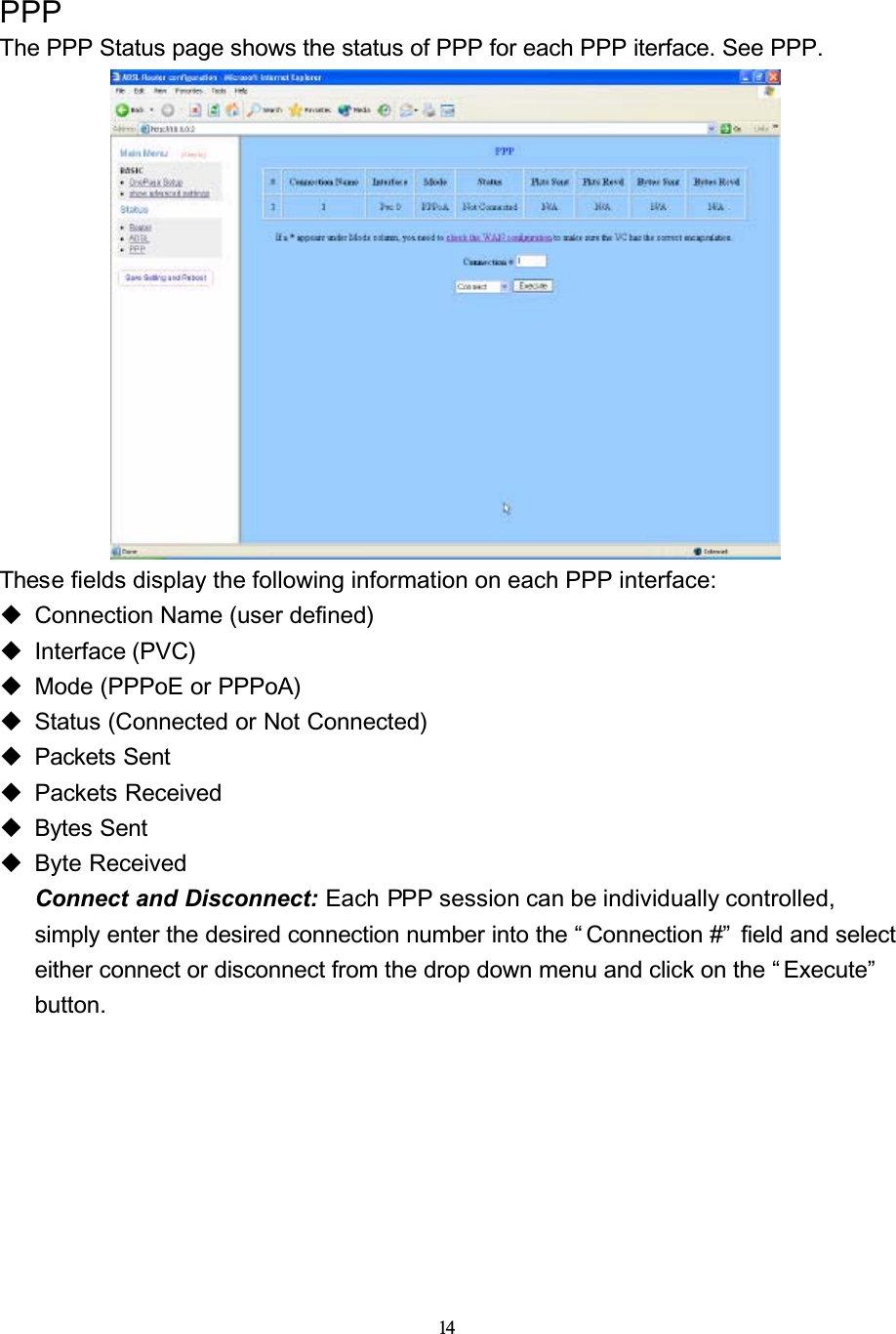 14PPPThe PPP Status page shows the status of PPP for each PPP iterface. See PPP.These fields display the following information on each PPP interface:Connection Name (user defined)Interface (PVC)Mode (PPPoE or PPPoA)Status (Connected or Not Connected)Packets SentPackets ReceivedBytes SentByte ReceivedConnect and Disconnect: Each PPP session can be individually controlled, simply enter the desired connection number into the “ Connection #”  field and select either connect or disconnect from the drop down menu and click on the “ Execute”  button.