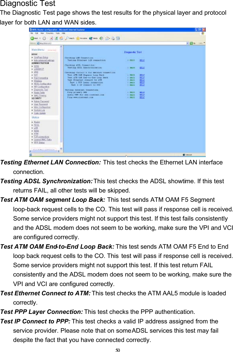 50Diagnostic TestThe Diagnostic Test page shows the test results for the physical layer and protocol layer for both LAN and WAN sides.Testing Ethernet LAN Connection: This test checks the Ethernet LAN interface connection.Testing ADSL Synchronization: This test checks the ADSL showtime. If this test returns FAIL, all other tests will be skipped.Test ATM OAM segment Loop Back: This test sends ATM OAM F5 Segment loop-back request cells to the CO. This test will pass if response cell is received. Some service providers might not support this test. If this test fails consistently and the ADSL modem does not seem to be working, make sure the VPI and VCI are configured correctly.Test ATM OAM End-to-End Loop Back: This test sends ATM OAM F5 End to End loop back request cells to the CO. This  test will pass if response cell is received. Some service providers might not support this test. If this test return FAIL consistently and the ADSL modem does not seem to be working, make sure the VPI and VCI are configured correctly.Test Ethernet Connect to ATM: This test checks the ATM AAL5 module is loaded correctly.Test PPP Layer Connection: This test checks the PPP authentication.Test IP Connect to PPP: This test checks a valid IP address assigned from the service provider. Please note that on some ADSL services this test may fail despite the fact that you have connected correctly.