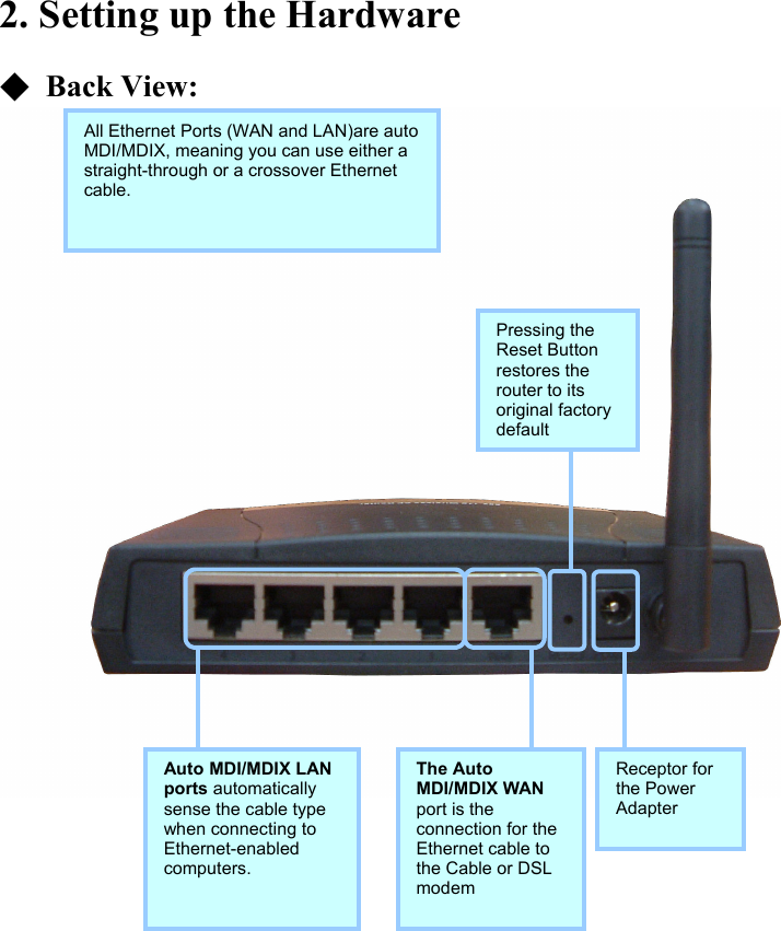 2. Setting up the Hardware  ◆  Back View:   Receptor for the Power Adapter Pressing the Reset Button restores the router to its original factory default The Auto MDI/MDIX WAN port is the connection for the Ethernet cable to the Cable or DSL modem Auto MDI/MDIX LAN ports automatically sense the cable type when connecting to Ethernet-enabled computers. All Ethernet Ports (WAN and LAN)are auto MDI/MDIX, meaning you can use either a straight-through or a crossover Ethernet cable. 