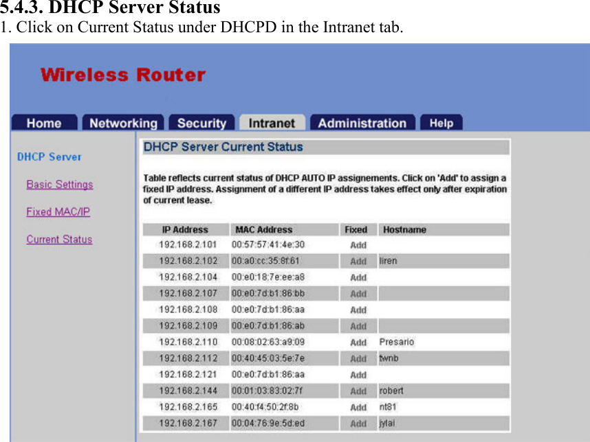 5.4.3. DHCP Server Status 1. Click on Current Status under DHCPD in the Intranet tab.  