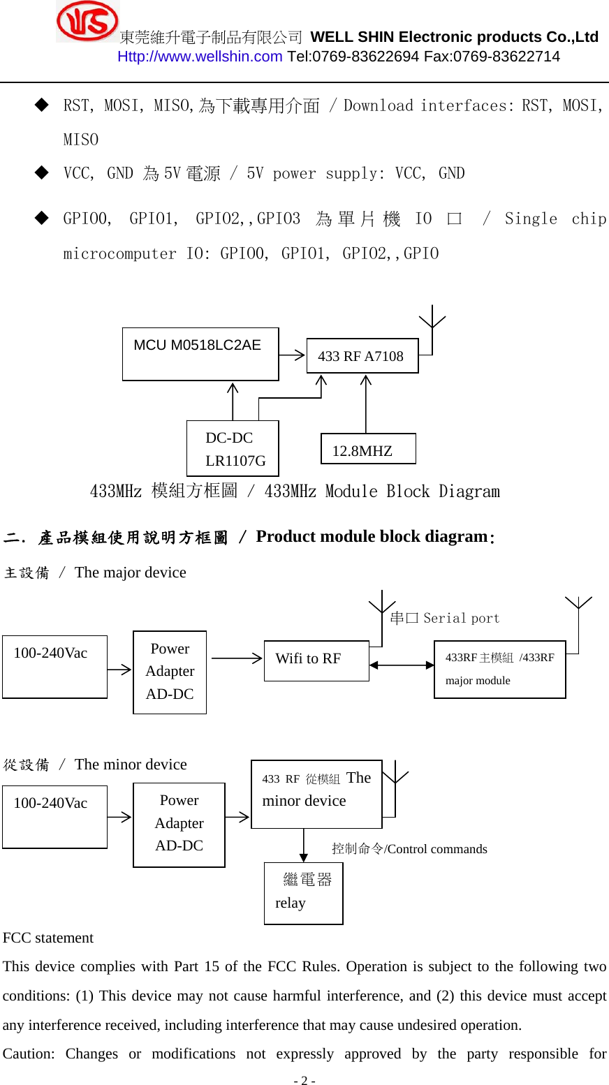東莞維升電子制品有限公司 WELL SHIN Electronic products Co.,Ltd          Http://www.wellshin.com Tel:0769-83622694 Fax:0769-83622714  - 2 -  RST, MOSI, MISO,為下載專用介面 / Download interfaces: RST, MOSI, MISO  VCC, GND 為5V 電源 / 5V power supply: VCC, GND  GPIO0,  GPIO1,  GPIO2,,GPIO3 為單片機 IO 口  /  Single  chip microcomputer IO: GPIO0, GPIO1, GPIO2,,GPIO                433MHz 模組方框圖 / 433MHz Module Block Diagram 二．產品模組使用說明方框圖 / Product module block diagram: 主設備 / The major device        從設備 / The minor device        FCC statement This device complies with Part 15 of the FCC Rules. Operation is subject to the following two conditions: (1) This device may not cause harmful interference, and (2) this device must accept any interference received, including interference that may cause undesired operation. Caution: Changes or modifications not expressly approved by the party responsible for DC-DC LR1107GMCU M0518LC2AE 433 RF A7108 12.8MHZPower Adapter AD-DC Wifi to RF 100-240Vac 433RF主模組 /433RF major module 串口 Serial port Power Adapter AD-DC 100-240Vac 繼電器relay 433 RF 從模組The minor device 控制命令/Control commands 