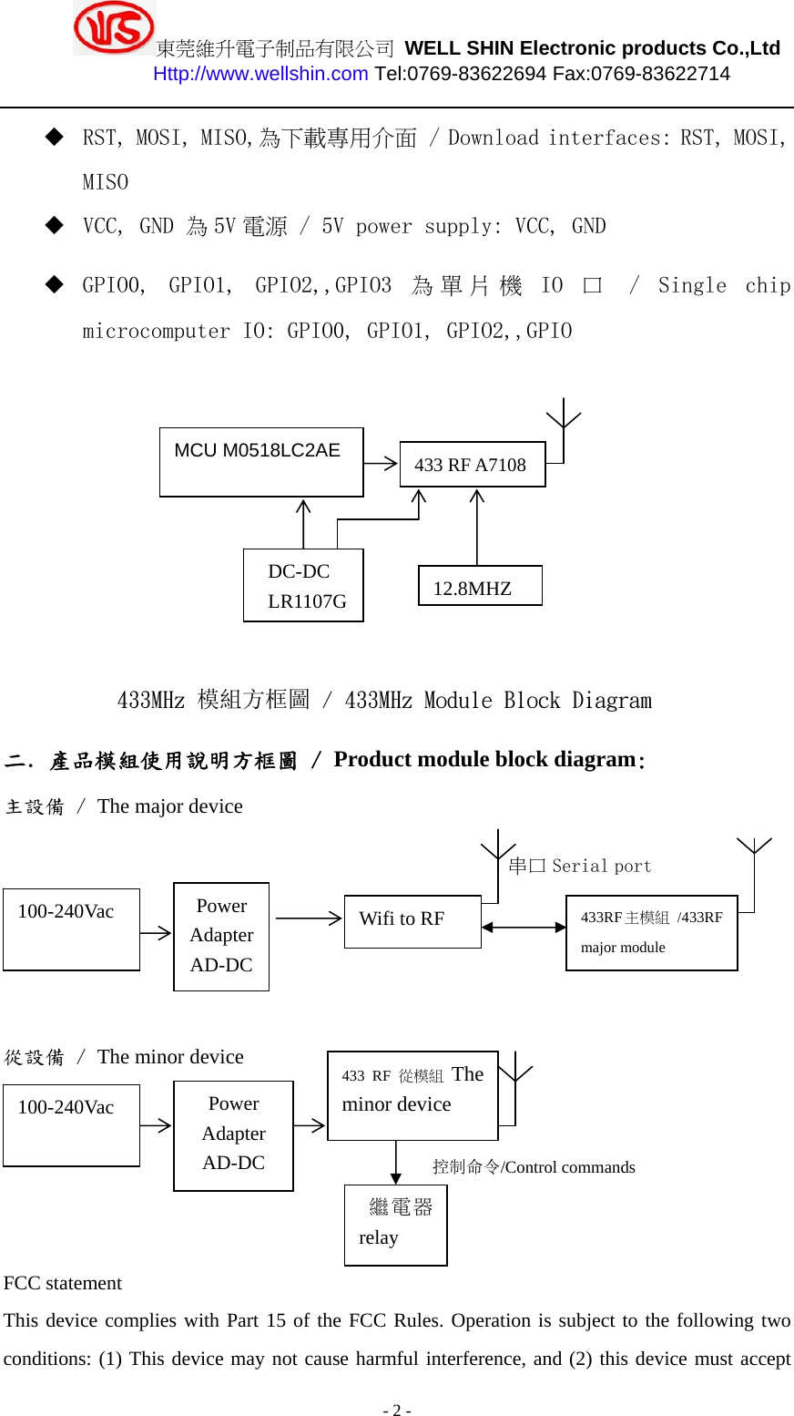 東莞維升電子制品有限公司 WELL SHIN Electronic products Co.,Ltd          Http://www.wellshin.com Tel:0769-83622694 Fax:0769-83622714  - 2 -  RST, MOSI, MISO,為下載專用介面 / Download interfaces: RST, MOSI, MISO  VCC, GND 為5V 電源 / 5V power supply: VCC, GND  GPIO0,  GPIO1,  GPIO2,,GPIO3 為單片機 IO 口  /  Single  chip microcomputer IO: GPIO0, GPIO1, GPIO2,,GPIO                 433MHz 模組方框圖 / 433MHz Module Block Diagram 二．產品模組使用說明方框圖 / Product module block diagram: 主設備 / The major device        從設備 / The minor device        FCC statement This device complies with Part 15 of the FCC Rules. Operation is subject to the following two conditions: (1) This device may not cause harmful interference, and (2) this device must accept DC-DC LR1107GMCU M0518LC2AE 433 RF A7108 12.8MHZPower Adapter AD-DC Wifi to RF 100-240Vac 433RF主模組 /433RF major module 串口 Serial port Power Adapter AD-DC 100-240Vac 繼電器relay 433 RF 從模組The minor device 控制命令/Control commands 