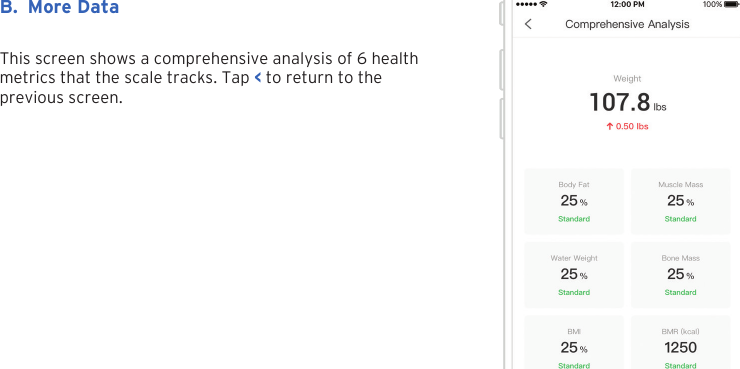 17B. More DataThis screen shows a comprehensive analysis of 6 health metrics that the scale tracks. Tap < to return to the previous screen.