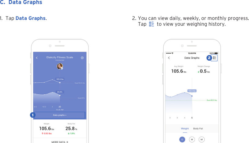 182. You can view daily, weekly, or monthly progress.Tap     to view your weighing history.1. Tap Data Graphs.C. Data Graphs12