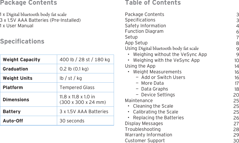 3Table of ContentsPackage ContentsSpecificationsSafety InformationFunction DiagramSetupApp SetupUsing Digital bluetooth body fat scale &bull; Weighing without the VeSync App&bull; Weighing with the VeSync AppUsing the App&bull; Weight Measurements &mdash; Add or Switch Users &mdash; More Data &mdash; Data Graphs &mdash; Device SettingsMaintenance&bull; Cleaning the Scale&bull; Calibrating the Scale&bull; Replacing the BatteriesDisplay MessagesTroubleshootingWarranty InformationCustomer SupportPackage Contents1 x Digital bluetooth body fat scale 3 x 1.5V AAA Batteries (Pre-Installed) 1 x User ManualSpecicationsWeight Capacity 400 lb / 28 st / 180 kgGraduation 0.2 lb (0.1 kg)Weight Units lb / st / kgPlatform Tempered GlassDimensions 11.8 x 11.8 x 1.0 in(300 x 300 x 24 mm)Battery 3 x 1.5V AAA BatteriesAuto-Off 30 seconds33467899101416161718202525252627282930