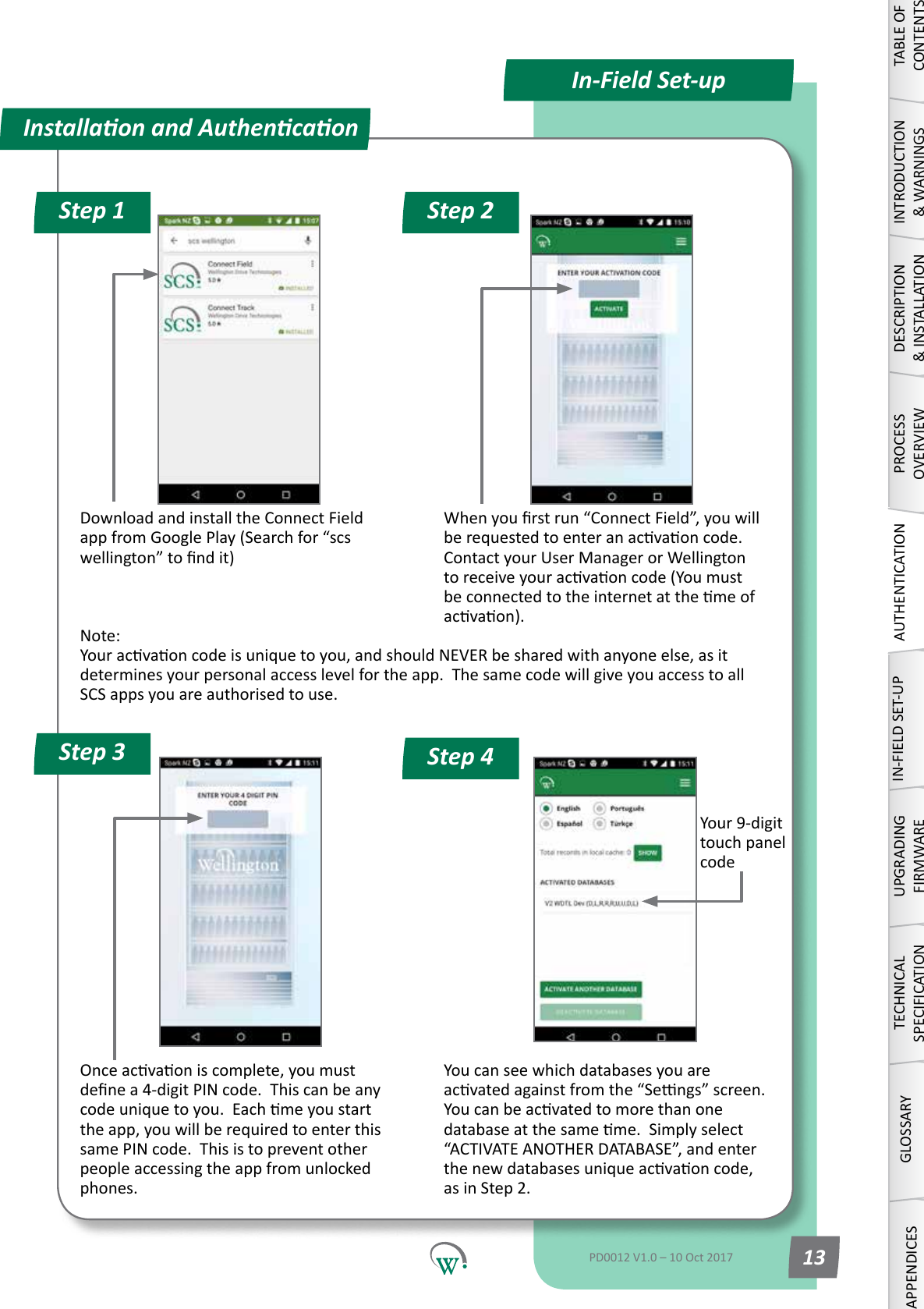 Installaon and AuthencaonStep 1 Step 2Step 4Step 3In-Field Set-upYour9-digittouch panel codeDownload and install the Connect Field appfromGooglePlay(Searchfor&ldquo;scswellington&rdquo;tondit)Whenyourstrun&ldquo;ConnectField&rdquo;,youwillberequestedtoenteranacvaoncode.ContactyourUserManagerorWellingtontoreceiveyouracvaoncode(Youmustbeconnectedtotheinternetatthemeofacvaon).Onceacvaoniscomplete,youmustdenea4-digitPINcode.Thiscanbeanycodeuniquetoyou.Eachmeyoustartthe app, you will be required to enter this same PIN code.  This is to prevent other peopleaccessingtheappfromunlockedphones. You can see which databases you are acvatedagainstfromthe&ldquo;Sengs&rdquo;screen.Youcanbeacvatedtomorethanonedatabaseatthesameme.Simplyselect&ldquo;ACTIVATEANOTHERDATABASE&rdquo;,andenterthenewdatabasesuniqueacvaoncode,as in Step 2.TABLE OF CONTENTSINTRODUCTION &amp; WARNINGSDESCRIPTION &amp; INSTALLATIONPROCESSOVERVIEWAUTHENTICATIONIN-FIELD SET-UPUPGRADING FIRMWARETECHNICAL SPECIFICATIONGLOSSARYAPPENDICESPD0012 V1.0 &ndash; 10 Oct 2017 13Note: Youracvaoncodeisuniquetoyou,andshouldNEVERbesharedwithanyoneelse,asitdeterminesyourpersonalaccesslevelfortheapp.ThesamecodewillgiveyouaccesstoallSCS apps you are authorised to use.