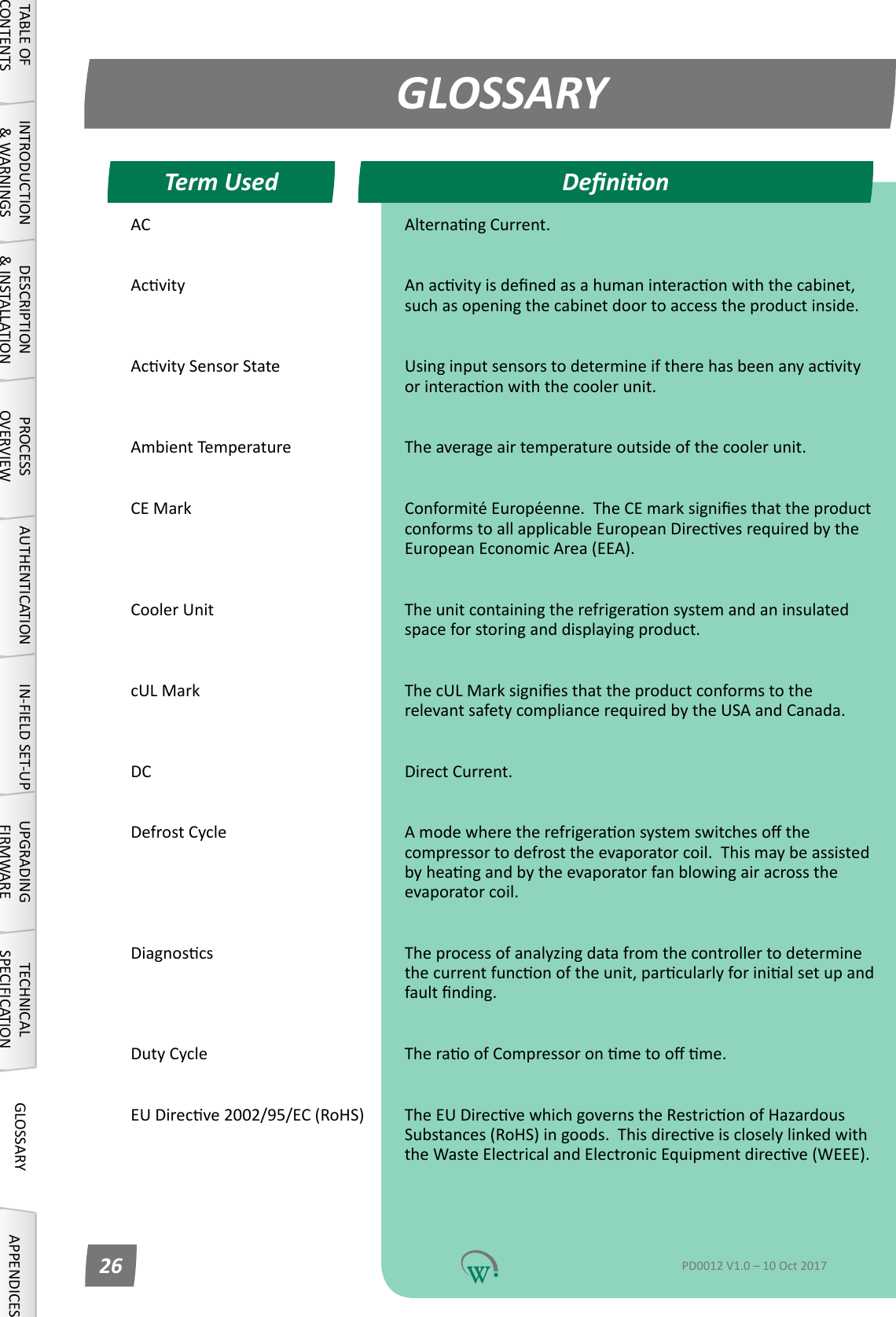 AC AlternangCurrent. Acvity Anacvityisdenedasahumaninteraconwiththecabinet,suchasopeningthecabinetdoortoaccesstheproductinside. AcvitySensorState Usinginputsensorstodetermineiftherehasbeenanyacvityorinteraconwiththecoolerunit. Ambient Temperature Theaverageairtemperatureoutsideofthecoolerunit. CE Mark Conformit&eacute;Europ&eacute;enne.TheCEmarksigniesthattheproductconformstoallapplicableEuropeanDirecvesrequiredbytheEuropeanEconomicArea(EEA). Cooler Unit Theunitcontainingtherefrigeraonsystemandaninsulatedspaceforstoringanddisplayingproduct. cUL Mark ThecULMarksigniesthattheproductconformstotherelevant safety compliance required by the USA and Canada. DC Direct Current. Defrost Cycle Amodewheretherefrigeraonsystemswitchesothecompressor to defrost the evaporator coil.  This may be assisted byheangandbytheevaporatorfanblowingairacrosstheevaporator coil. Diagnoscs Theprocessofanalyzingdatafromthecontrollertodeterminethecurrentfunconoftheunit,parcularlyforinialsetupandfaultnding. Duty Cycle TheraoofCompressoronmetoome. EUDirecve2002/95/EC(RoHS) TheEUDirecvewhichgovernstheRestriconofHazardousSubstances(RoHS)ingoods.ThisdirecveiscloselylinkedwiththeWasteElectricalandElectronicEquipmentdirecve(WEEE). GLOSSARYDenionTerm UsedTABLE OF CONTENTSINTRODUCTION &amp; WARNINGSDESCRIPTION &amp; INSTALLATIONPROCESSOVERVIEWAUTHENTICATION IN-FIELD SET-UP UPGRADING FIRMWARETECHNICAL SPECIFICATIONGLOSSARY APPENDICESPD0012 V1.0 &ndash; 10 Oct 201726