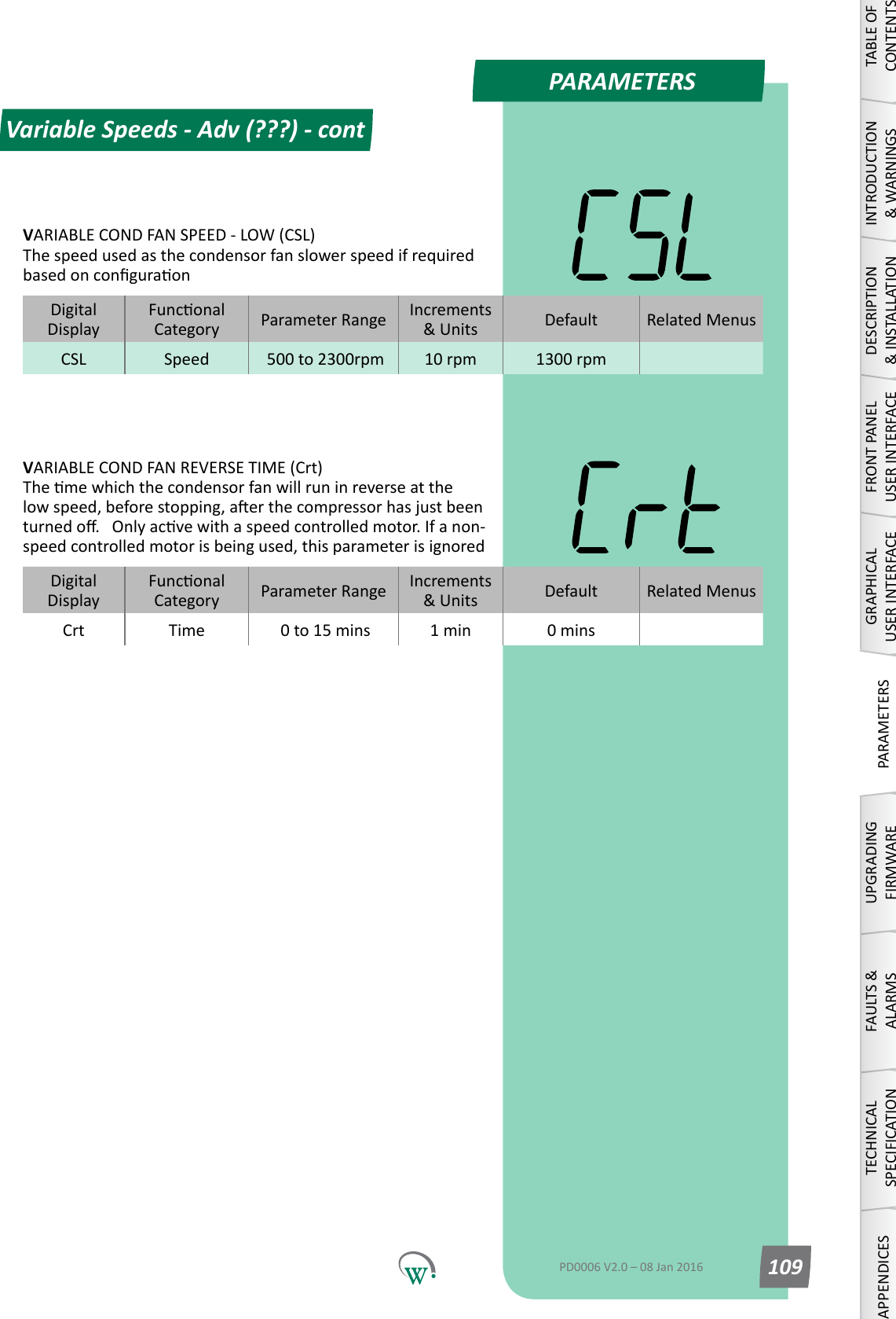 PARAMETERSTABLE OF CONTENTSINTRODUCTION &amp; WARNINGSDESCRIPTION &amp; INSTALLATIONFRONT PANEL USER INTERFACEGRAPHICAL USER INTERFACEPARAMETERSUPGRADING FIRMWAREFAULTS &amp; ALARMSTECHNICAL SPECIFICATIONAPPENDICESPD0006 V2.0 &ndash; 08 Jan 2016 109VARIABLE COND FAN SPEED - LOW (CSL) The speed used as the condensor fan slower speed if required basedonconguraonVARIABLE COND FAN REVERSE TIME (Crt) Themewhichthecondensorfanwillruninreverseatthelowspeed,beforestopping,aerthecompressorhasjustbeenturnedo.Onlyacvewithaspeedcontrolledmotor.Ifanon-speedcontrolledmotorisbeingused,thisparameterisignoredDigitalDisplayFunconalCategory ParameterRange Increments &amp;Units Default Related MenusCSL Speed  500 to 2300rpm 10 rpm 1300 rpmDigitalDisplayFunconalCategory ParameterRange Increments &amp;Units Default Related MenusCrt Time  0 to 15 mins 1 min 0 minsVariable Speeds - Adv (???) - cont