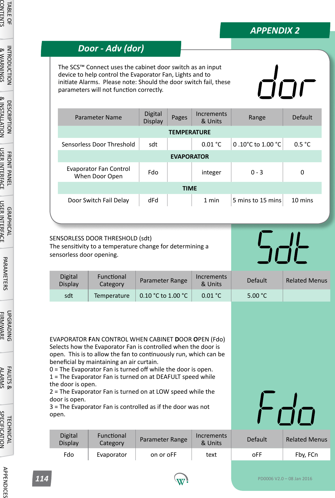 Parameter Name DigitalDisplay Pages Increments &amp;Units Range DefaultTEMPERATURESensorless Door Threshold sdt 0.01 &deg;C 0 .10&deg;C to 1.00 &deg;C 0.5 &deg;CEVAPORATOREvaporator Fan Control When Door Open Fdo integer 0 - 3 0TIMEDoor Switch Fail Delay dFd 1 min 5 mins to 15 mins 10 minsDigitalDisplayFunconalCategory ParameterRange Increments &amp;Units Default Related Menussdt Temperature 0.10 &deg;C to 1.00 &deg;C 0.01 &deg;C 5.00 &deg;CSENSORLESS DOOR THRESHOLD (sdt) Thesensivitytoatemperaturechangefordeterminingasensorlessdooropening.DigitalDisplayFunconalCategory ParameterRange Increments &amp;Units Default Related MenusFdo Evaporator on or oFF text oFF Fby, FCnAPPENDIX 2Door - Adv (dor)TABLE OF CONTENTSINTRODUCTION &amp; WARNINGSDESCRIPTION &amp; INSTALLATIONFRONT PANEL USER INTERFACEGRAPHICAL USER INTERFACE PARAMETERS UPGRADING FIRMWAREFAULTS &amp; ALARMSTECHNICAL SPECIFICATION APPENDICESPD0006 V2.0 &ndash; 08 Jan 2016114The SCS&trade; Connect uses the cabinet door switch as an input devicetohelpcontroltheEvaporatorFan,LightsandtoiniateAlarms.Pleasenote:Shouldthedoorswitchfail,theseparameterswillnotfunconcorrectly.EVAPORATOR FAN CONTROL WHEN CABINET DOOR OPEN (Fdo) Selects how the Evaporator Fan is controlled when the door is open.Thisistoallowthefantoconnuouslyrun,whichcanbebenecialbymaintaininganaircurtain. 0=TheEvaporatorFanisturnedowhilethedoorisopen. 1 = The Evaporator Fan is turned on at DEAFULT speed while the door is open. 2 = The Evaporator Fan is turned on at LOW speed while the door is open. 3 = The Evaporator Fan is controlled as if the door was not open.