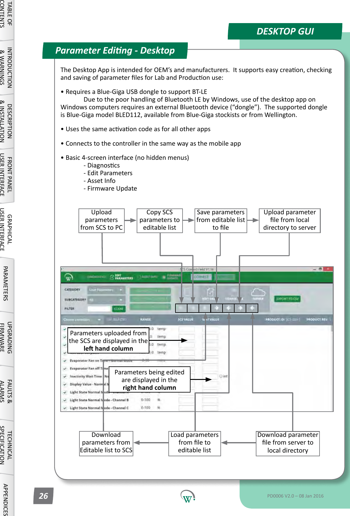 Upload parameters from SCS to PCCopy SCS parameters to editable listUpload parameter lefromlocaldirectory to serverDownload parameters from Editable list to SCSSave parameters from editable list toleLoad parameters fromletoeditable listDownload parameter lefromservertolocal directoryParameters uploaded from the SCS are displayed in the le hand columnParametersbeingeditedare displayed in the right hand columnTheDesktopAppisintendedforOEM&rsquo;sandmanufacturers.Itsupportseasycreaon,checkingandsavingofparameterlesforLabandProduconuse:&bull;RequiresaBlue-GigaUSBdongletosupportBT-LE  DuetothepoorhandlingofBluetoothLEbyWindows,useofthedesktopapponWindowscomputersrequiresanexternalBluetoothdevice(&ldquo;dongle&rdquo;).ThesupporteddongleisBlue-GigamodelBLED112,availablefromBlue-GigastockistsorfromWellington.&bull;Usesthesameacvaoncodeasforallotherapps&bull; Connects to the controller in the same way as the mobile app&bull; Basic 4-screen interface (no hidden menus)  -Diagnoscs   - Edit Parameters   - Asset Info   - Firmware UpdateParameter Eding - DesktopDESKTOP GUITABLE OF CONTENTSINTRODUCTION &amp; WARNINGSDESCRIPTION &amp; INSTALLATIONFRONT PANEL USER INTERFACEGRAPHICAL USER INTERFACE PARAMETERS UPGRADING FIRMWAREFAULTS &amp; ALARMSTECHNICAL SPECIFICATION APPENDICESPD0006 V2.0 &ndash; 08 Jan 201626