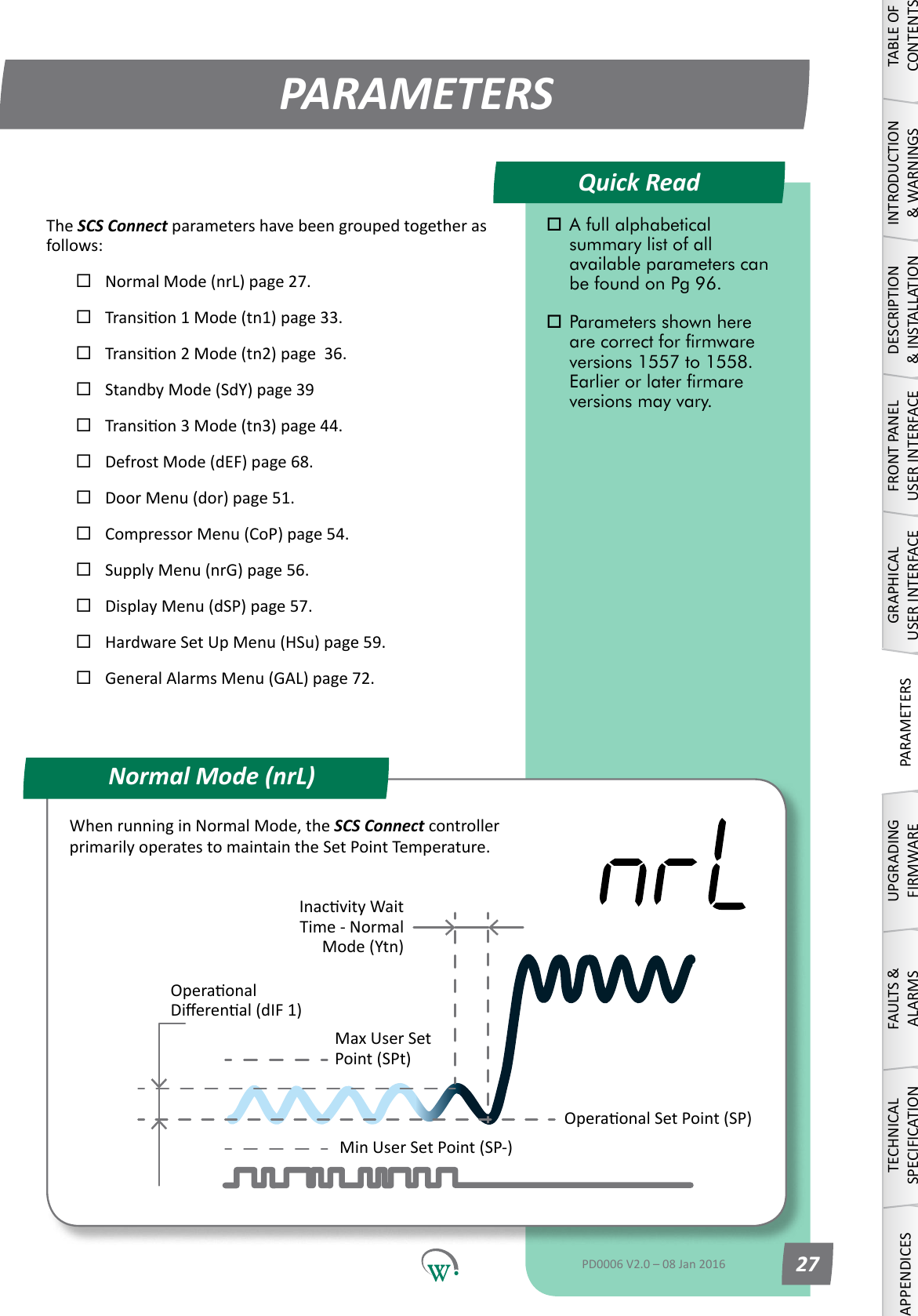 Quick ReadPARAMETERSNormal Mode (nrL)OperaonalDierenal(dIF1)Max User Set Point (SPt)Min User Set Point (SP-)OperaonalSetPoint(SP)InacvityWaitTime - Normal Mode (Ytn)TABLE OF CONTENTSINTRODUCTION &amp; WARNINGSDESCRIPTION &amp; INSTALLATIONFRONT PANEL USER INTERFACEGRAPHICAL USER INTERFACEPARAMETERSUPGRADING FIRMWAREFAULTS &amp; ALARMSTECHNICAL SPECIFICATIONAPPENDICES A full alphabetical      summary list of all      available parameters can    be found on Pg 96. Parameters shown here   are correct for rmware    versions 1557 to 1558.   Earlier or later rmare     versions may vary.PD0006 V2.0 &ndash; 08 Jan 2016 27The SCS Connectparametershavebeengroupedtogetherasfollows:NormalMode(nrL)page27.Transion1Mode(tn1)page33.Transion2Mode(tn2)page36.StandbyMode(SdY)page39Transion3Mode(tn3)page44.DefrostMode(dEF)page68.DoorMenu(dor)page51.CompressorMenu(CoP)page54.SupplyMenu(nrG)page56.DisplayMenu(dSP)page57.HardwareSetUpMenu(HSu)page59.GeneralAlarmsMenu(GAL)page72.WhenrunninginNormalMode,theSCS Connect controller primarily operates to maintain the Set Point Temperature. 