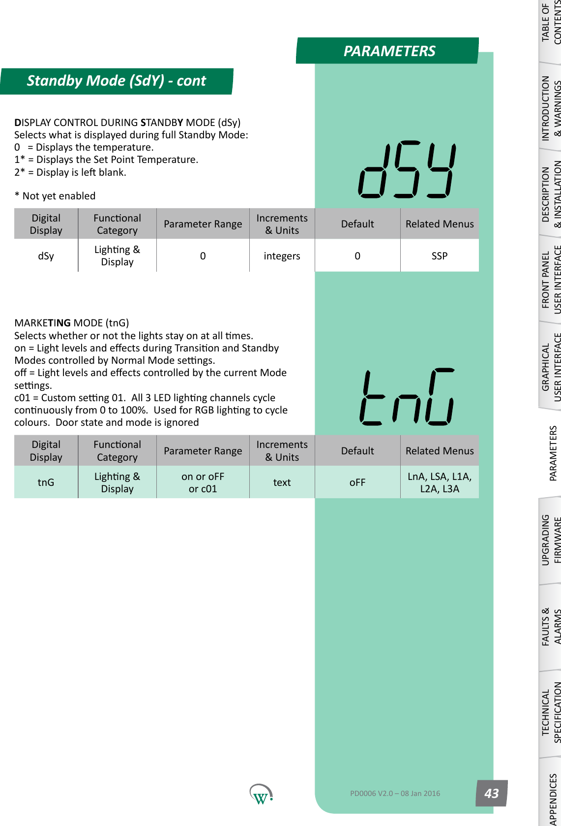 PARAMETERSDigitalDisplayFunconalCategory ParameterRange Increments &amp;Units Default Related MenusdSy Lighng&amp;Display 0integers 0 SSPDigitalDisplayFunconalCategory ParameterRange Increments &amp;Units Default Related MenustnG Lighng&amp;Displayon or oFF or c01  text oFF LnA, LSA, L1A, L2A, L3AStandby Mode (SdY) - contTABLE OF CONTENTSINTRODUCTION &amp; WARNINGSDESCRIPTION &amp; INSTALLATIONFRONT PANEL USER INTERFACEGRAPHICAL USER INTERFACEPARAMETERSUPGRADING FIRMWAREFAULTS &amp; ALARMSTECHNICAL SPECIFICATIONAPPENDICESPD0006 V2.0 &ndash; 08 Jan 2016 43DISPLAY CONTROL DURING STANDBY MODE (dSy) SelectswhatisdisplayedduringfullStandbyMode: 0   = Displays the temperature. 1* = Displays the Set Point Temperature. 2*=Displayisleblank.* Not yet enabledMARKETING MODE (tnG) Selectswhetherornotthelightsstayonatallmes. on=LightlevelsandeectsduringTransionandStandbyModescontrolledbyNormalModesengs. o=LightlevelsandeectscontrolledbythecurrentModesengs. c01=Customseng01.All3LEDlighngchannelscycleconnuouslyfrom0to100%.UsedforRGBlighngtocyclecolours.Doorstateandmodeisignored