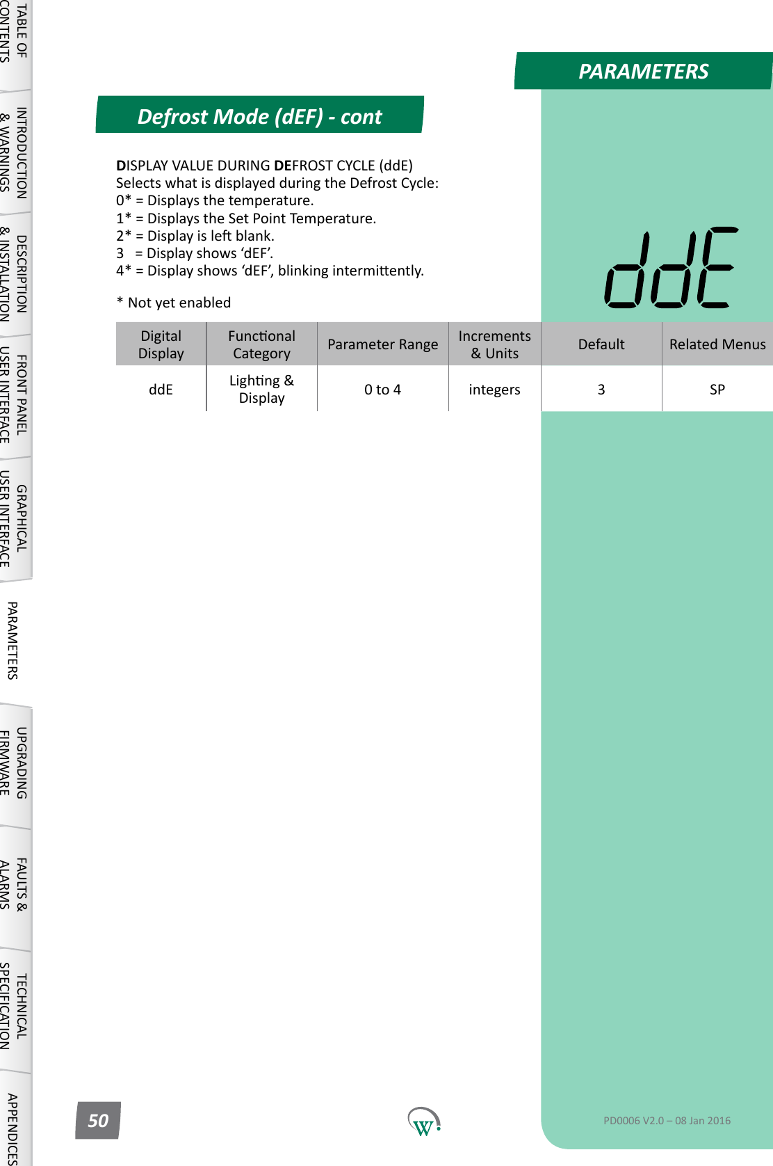 PARAMETERSDefrost Mode (dEF) - contTABLE OF CONTENTSINTRODUCTION &amp; WARNINGSDESCRIPTION &amp; INSTALLATIONFRONT PANEL USER INTERFACEGRAPHICAL USER INTERFACE PARAMETERS UPGRADING FIRMWAREFAULTS &amp; ALARMSTECHNICAL SPECIFICATION APPENDICESPD0006 V2.0 &ndash; 08 Jan 201650DigitalDisplayFunconalCategory ParameterRange Increments &amp;Units Default Related MenusddE Lighng&amp;Display 0 to 4 integers 3 SPDISPLAY VALUE DURING DEFROST CYCLE (ddE) SelectswhatisdisplayedduringtheDefrostCycle: 0* = Displays the temperature. 1* = Displays the Set Point Temperature. 2*=Displayisleblank. 3   = Display shows &lsquo;dEF&rsquo;. 4*=Displayshows&lsquo;dEF&rsquo;,blinkingintermiently.* Not yet enabled
