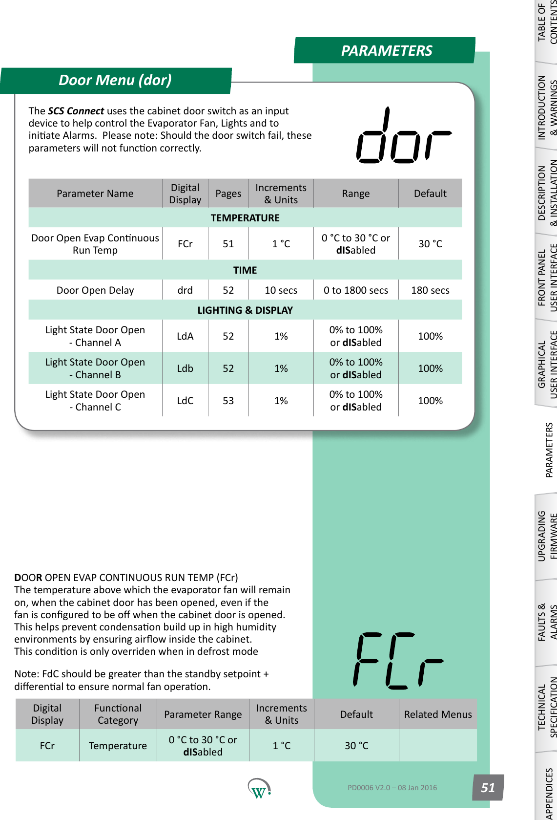 PARAMETERSParameter Name DigitalDisplay Pages Increments &amp;Units Range DefaultTEMPERATUREDoorOpenEvapConnuousRun Temp FCr 51 1 &deg;C 0 &deg;C to 30 &deg;C or dISabled 30 &deg;CTIMEDoor Open Delay drd 52 10 secs 0 to 1800 secs 180 secsLIGHTING &amp; DISPLAYLightStateDoorOpen - Channel A LdA 52 1% 0% to 100%         or dISabled 100%LightStateDoorOpen - Channel B Ldb 52 1% 0% to 100%         or dISabled 100%LightStateDoorOpen - Channel C LdC 53 1% 0% to 100%         or dISabled 100%Door Menu (dor)TABLE OF CONTENTSINTRODUCTION &amp; WARNINGSDESCRIPTION &amp; INSTALLATIONFRONT PANEL USER INTERFACEGRAPHICAL USER INTERFACEPARAMETERSUPGRADING FIRMWAREFAULTS &amp; ALARMSTECHNICAL SPECIFICATIONAPPENDICESPD0006 V2.0 &ndash; 08 Jan 2016 51The SCS Connect uses the cabinet door switch as an input devicetohelpcontroltheEvaporatorFan,LightsandtoiniateAlarms.Pleasenote:Shouldthedoorswitchfail,theseparameterswillnotfunconcorrectly.DigitalDisplayFunconalCategory ParameterRange Increments &amp;Units Default Related MenusFCr Temperature 0 &deg;C to 30 &deg;C or dISabled 1 &deg;C 30 &deg;CDOOR OPEN EVAP CONTINUOUS RUN TEMP (FCr) The temperature above which the evaporator fan will remain on, when the cabinet door has been opened, even if the fanisconguredtobeowhenthecabinetdoorisopened.Thishelpspreventcondensaonbuildupinhighhumidityenvironmentsbyensuringairowinsidethecabinet. ThiscondionisonlyoverridenwhenindefrostmodeNote:FdCshouldbegreaterthanthestandbysetpoint+dierenaltoensurenormalfanoperaon.