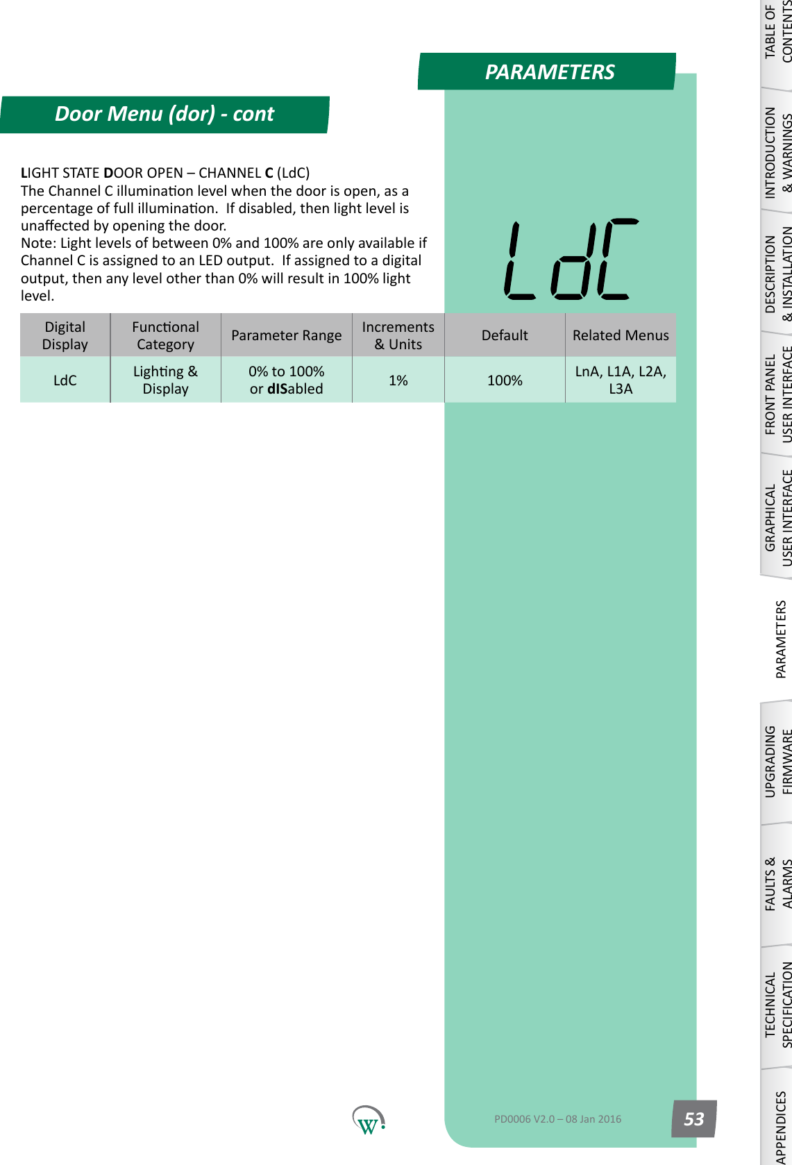 PARAMETERSDoor Menu (dor) - contTABLE OF CONTENTSINTRODUCTION &amp; WARNINGSDESCRIPTION &amp; INSTALLATIONFRONT PANEL USER INTERFACEGRAPHICAL USER INTERFACEPARAMETERSUPGRADING FIRMWAREFAULTS &amp; ALARMSTECHNICAL SPECIFICATIONAPPENDICESPD0006 V2.0 &ndash; 08 Jan 2016 53LIGHT STATE DOOROPEN&ndash;CHANNELC (LdC) TheChannelCilluminaonlevelwhenthedoorisopen,asapercentageoffullilluminaon.Ifdisabled,thenlightlevelisunaectedbyopeningthedoor. Note:Lightlevelsofbetween0%and100%areonlyavailableifChannelCisassignedtoanLEDoutput.Ifassignedtoadigitaloutput,thenanylevelotherthan0%willresultin100%lightlevel.DigitalDisplayFunconalCategory ParameterRange Increments &amp;Units Default Related MenusLdC Lighng&amp;Display0% to 100%            or dISabled 1% 100% LnA, L1A, L2A, L3A