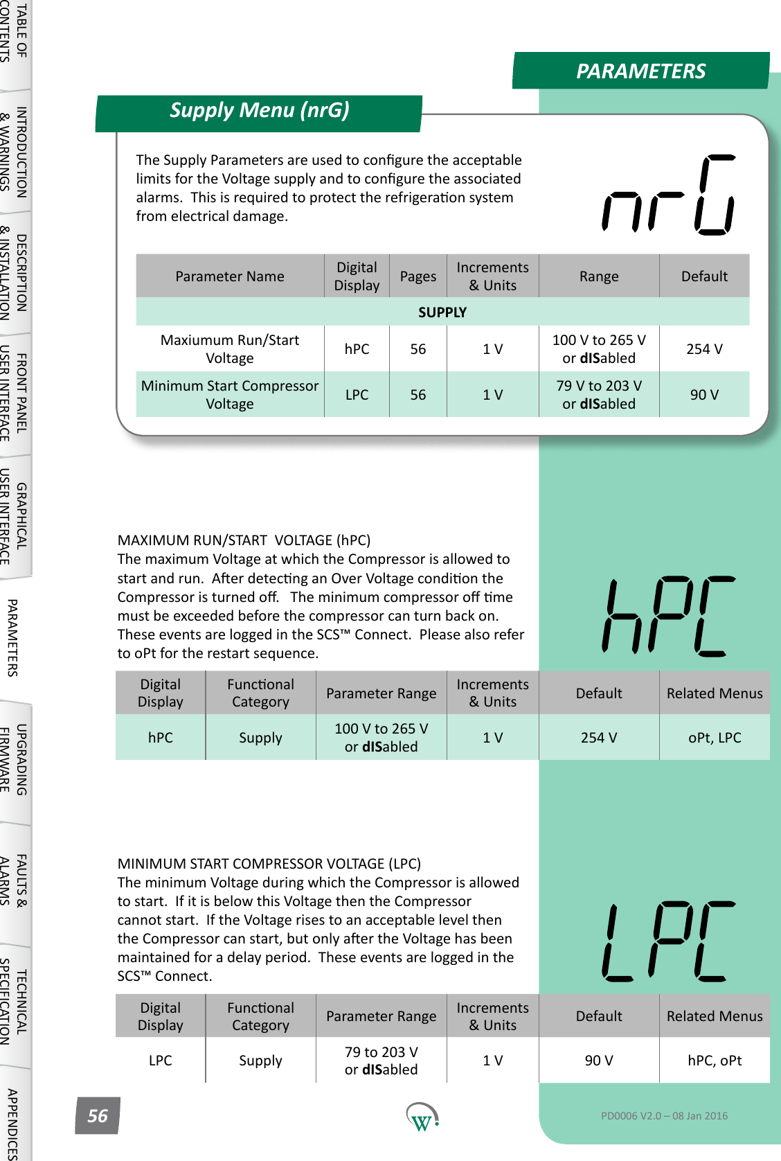 PARAMETERSParameter Name DigitalDisplay Pages Increments &amp;Units Range DefaultSUPPLYMaxiumum Run/Start Voltage hPC 56 1 V 100 V to 265 V or dISabled 254 VMinimum Start Compressor Voltage LPC 56 1 V 79 V to 203 V or dISabled 90 VSupply Menu (nrG)TABLE OF CONTENTSINTRODUCTION &amp; WARNINGSDESCRIPTION &amp; INSTALLATIONFRONT PANEL USER INTERFACEGRAPHICAL USER INTERFACE PARAMETERS UPGRADING FIRMWAREFAULTS &amp; ALARMSTECHNICAL SPECIFICATION APPENDICESPD0006 V2.0 &ndash; 08 Jan 201656TheSupplyParametersareusedtoconguretheacceptablelimitsfortheVoltagesupplyandtoconguretheassociatedalarms.Thisisrequiredtoprotecttherefrigeraonsystemfromelectricaldamage.DigitalDisplayFunconalCategory ParameterRange Increments &amp;Units Default Related MenushPC Supply 100 V to 265 V or dISabled 1 V 254 V oPt, LPCMAXIMUM RUN/START  VOLTAGE (hPC) ThemaximumVoltageatwhichtheCompressorisallowedtostart and run. AerdetecnganOverVoltagecondiontheCompressoristurnedo.Theminimumcompressoromemust be exceeded before the compressor can turn back on.  TheseeventsareloggedintheSCS&trade;Connect.  Please also refer to oPt for the restart sequence.DigitalDisplayFunconalCategory ParameterRange Increments &amp;Units Default Related MenusLPC Supply 79 to 203 V or dISabled 1 V 90 V hPC, oPtMINIMUM START COMPRESSOR VOLTAGE (LPC) TheminimumVoltageduringwhichtheCompressorisallowedtostart.IfitisbelowthisVoltagethentheCompressorcannotstart.IftheVoltagerisestoanacceptablelevelthentheCompressorcanstart,butonlyaertheVoltagehasbeenmaintainedforadelayperiod.TheseeventsareloggedintheSCS&trade; Connect.