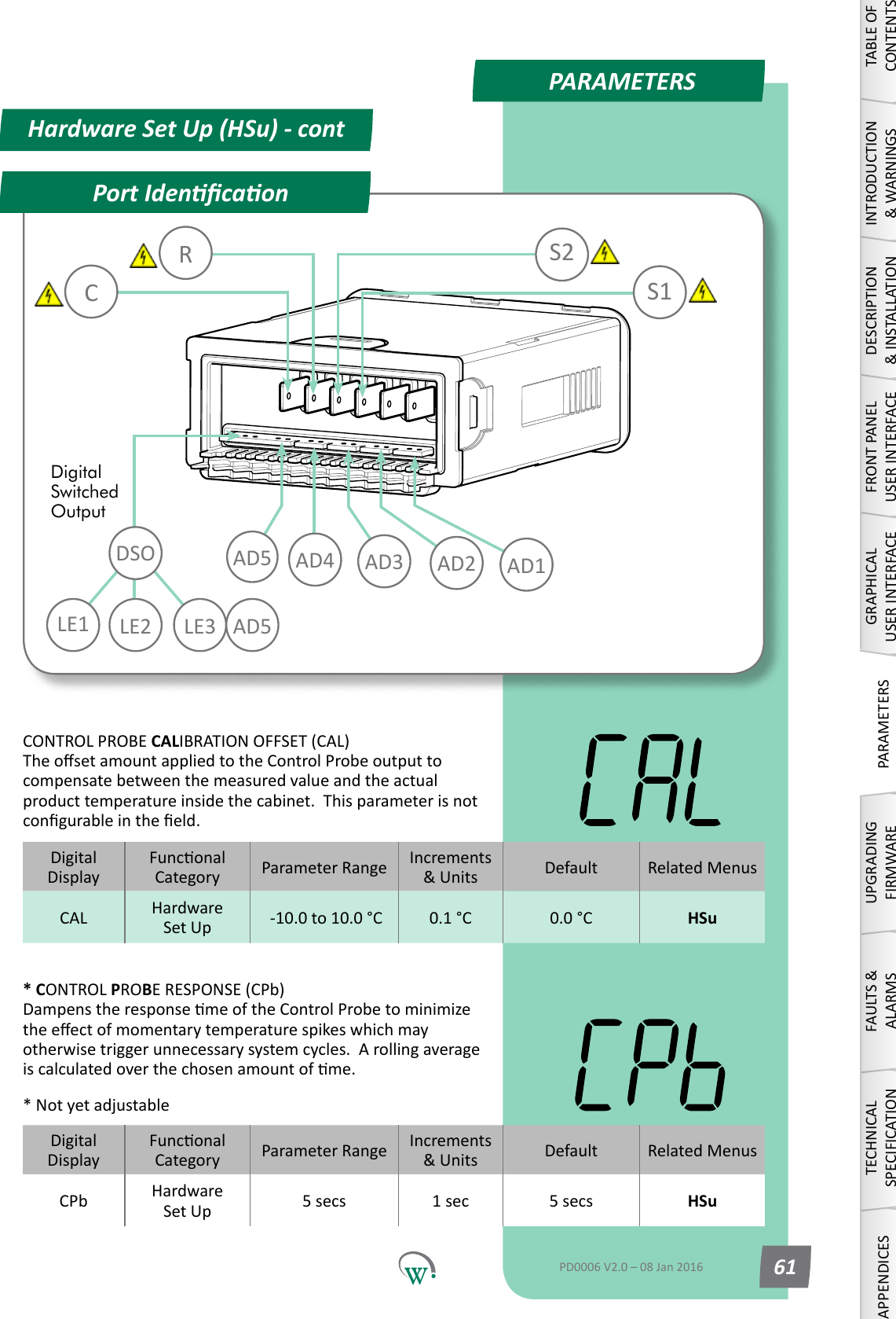 PARAMETERSDigitalDisplayFunconalCategory ParameterRange Increments &amp;Units Default Related MenusCAL Hardware Set Up  -10.0 to 10.0 &deg;C 0.1 &deg;C 0.0 &deg;C HSuDigitalDisplayFunconalCategory ParameterRange Increments &amp;Units Default Related MenusCPb Hardware Set Up 5 secs 1 sec 5 secs HSuHardware Set Up (HSu) - contLE2 AD5AD4 AD3RCS2S1LE3LE1DSO AD2 AD1Port IdencaonDigital Switched OutputAD5TABLE OF CONTENTSINTRODUCTION &amp; WARNINGSDESCRIPTION &amp; INSTALLATIONFRONT PANEL USER INTERFACEGRAPHICAL USER INTERFACEPARAMETERSUPGRADING FIRMWAREFAULTS &amp; ALARMSTECHNICAL SPECIFICATIONAPPENDICESPD0006 V2.0 &ndash; 08 Jan 2016 61* CONTROL PROBE RESPONSE (CPb) DampenstheresponsemeoftheControlProbetominimizetheeectofmomentarytemperaturespikeswhichmayotherwisetriggerunnecessarysystemcycles.Arollingaverageiscalculatedoverthechosenamountofme.* Not yet adjustableCONTROL PROBE CALIBRATION OFFSET (CAL) TheosetamountappliedtotheControlProbeoutputtocompensate between the measured value and the actual product temperature inside the cabinet.  This parameter is not congurableintheeld.