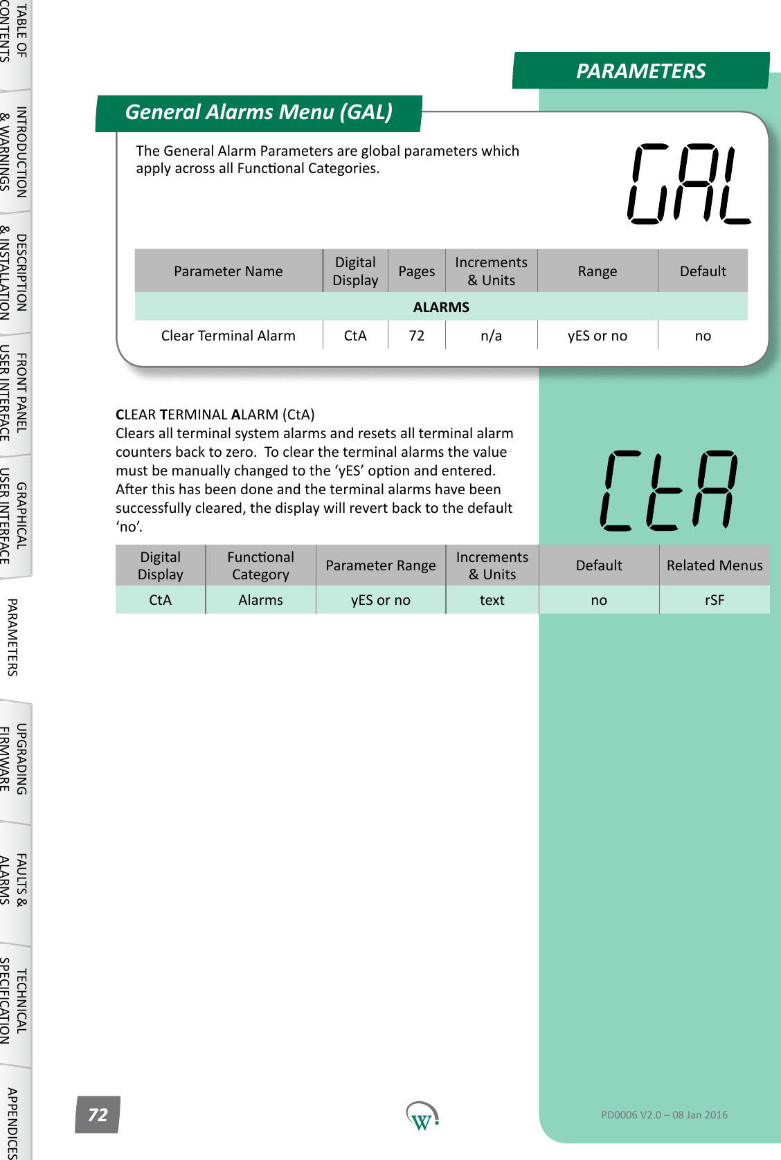 PleasePPARAMETERSParameter Name DigitalDisplay Pages Increments &amp;Units Range DefaultALARMSClear Terminal Alarm CtA 72 n/a yES or no noDigitalDisplayFunconalCategory ParameterRange Increments &amp;Units Default Related MenusCtA Alarms yES or no text no rSFGeneral Alarms Menu (GAL)TABLE OF CONTENTSINTRODUCTION &amp; WARNINGSDESCRIPTION &amp; INSTALLATIONFRONT PANEL USER INTERFACEGRAPHICAL USER INTERFACE PARAMETERS UPGRADING FIRMWAREFAULTS &amp; ALARMSTECHNICAL SPECIFICATION APPENDICESPD0006 V2.0 &ndash; 08 Jan 201672TheGeneralAlarmParametersareglobalparameterswhichapplyacrossallFunconalCategories.CLEAR TERMINAL ALARM (CtA) Clears all terminal system alarms and resets all terminal alarm countersbacktozero.Tocleartheterminalalarmsthevaluemustbemanuallychangedtothe&lsquo;yES&rsquo;oponandentered.Aerthishasbeendoneandtheterminalalarmshavebeensuccessfully cleared, the display will revert back to the default &lsquo;no&rsquo;.