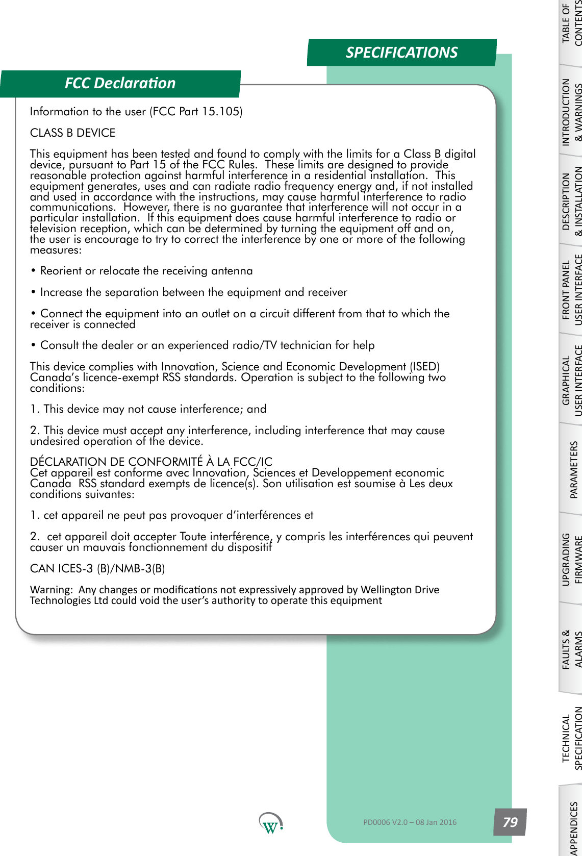 FCC DeclaraonSPECIFICATIONS TABLE OF CONTENTSINTRODUCTION &amp; WARNINGSDESCRIPTION &amp; INSTALLATIONFRONT PANEL USER INTERFACEGRAPHICAL USER INTERFACEPARAMETERSUPGRADING FIRMWAREFAULTS &amp; ALARMSTECHNICAL SPECIFICATIONAPPENDICESPD0006 V2.0 &ndash; 08 Jan 2016 79Information to the user (FCC Part 15.105) CLASS B DEVICEThis equipment has been tested and found to comply with the limits for a Class B digital device, pursuant to Part 15 of the FCC Rules.  These limits are designed to provide reasonable protection against harmful interference in a residential installation.  This equipment generates, uses and can radiate radio frequency energy and, if not installed and used in accordance with the instructions, may cause harmful interference to radio communications.  However, there is no guarantee that interference will not occur in a particular installation.  If this equipment does cause harmful interference to radio or television reception, which can be determined by turning the equipment off and on, the user is encourage to try to correct the interference by one or more of the following measures:&bull; Reorient or relocate the receiving antenna&bull; Increase the separation between the equipment and receiver&bull; Connect the equipment into an outlet on a circuit different from that to which the receiver is connected&bull; Consult the dealer or an experienced radio/TV technician for helpThis device complies with Innovation, Science and Economic Development (ISED) Canada&rsquo;s licence-exempt RSS standards. Operation is subject to the following two conditions:1. This device may not cause interference; and 2. This device must accept any interference, including interference that may cause undesired operation of the device.D&Eacute;CLARATION DE CONFORMIT&Eacute; &Agrave; LA FCC/IC  Cet appareil est conforme avec Innovation, Sciences et Developpement economic Canada  RSS standard exempts de licence(s). Son utilisation est soumise &agrave; Les deux conditions suivantes:1. cet appareil ne peut pas provoquer d&rsquo;interf&eacute;rences et2.  cet appareil doit accepter Toute interf&eacute;rence, y compris les interf&eacute;rences qui peuvent causer un mauvais fonctionnement du dispositifCAN ICES-3 (B)/NMB-3(B)Warning:AnychangesormodicaonsnotexpressivelyapprovedbyWellingtonDriveTechnologiesLtdcouldvoidtheuser&rsquo;sauthoritytooperatethisequipment