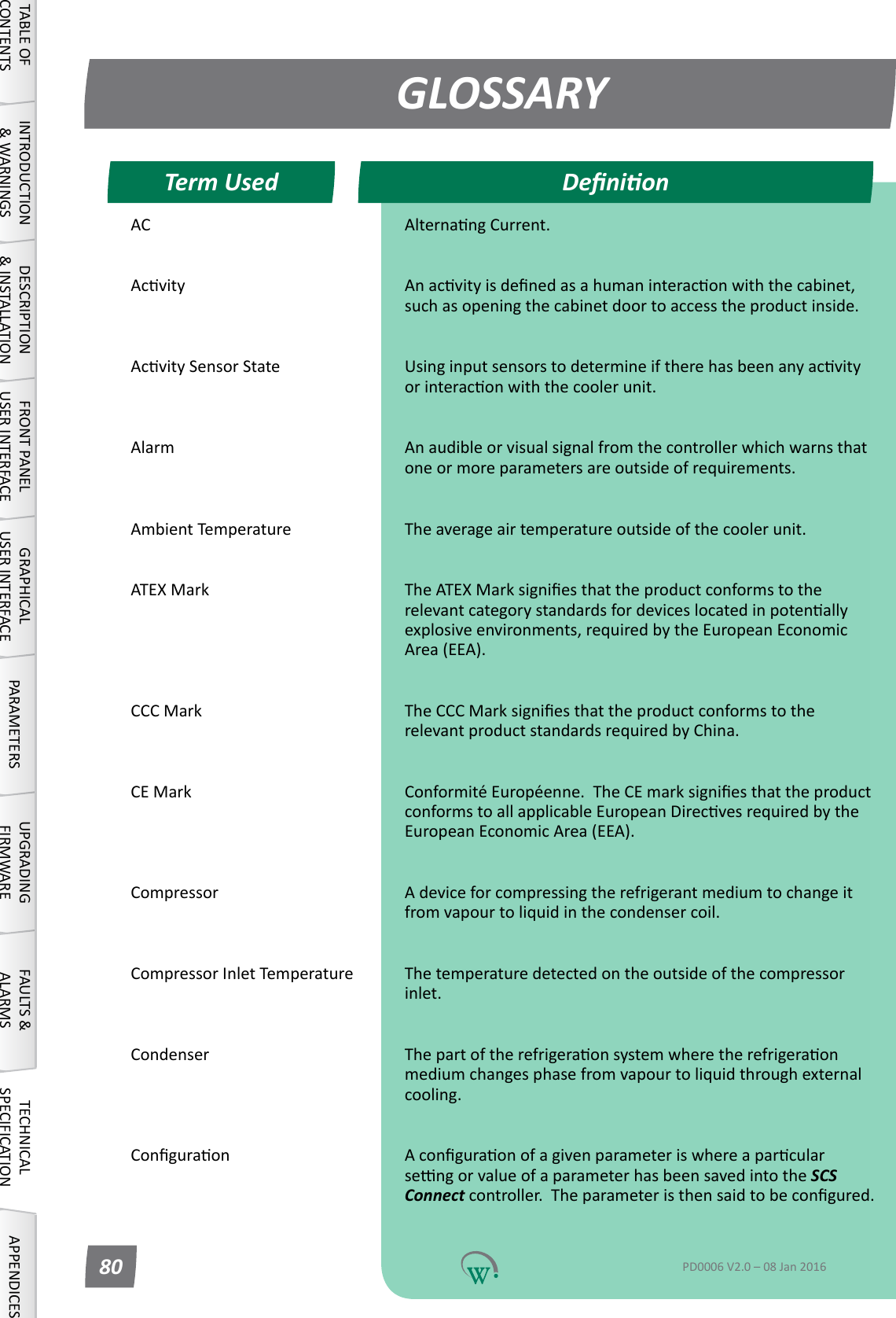 AC AlternangCurrent. Acvity Anacvityisdenedasahumaninteraconwiththecabinet,suchasopeningthecabinetdoortoaccesstheproductinside. AcvitySensorState Usinginputsensorstodetermineiftherehasbeenanyacvityorinteraconwiththecoolerunit. Alarm Anaudibleorvisualsignalfromthecontrollerwhichwarnsthatone or more parameters are outside of requirements. Ambient Temperature Theaverageairtemperatureoutsideofthecoolerunit. ATEX Mark TheATEXMarksigniesthattheproductconformstotherelevantcategorystandardsfordeviceslocatedinpotenallyexplosive environments, required by the European Economic Area (EEA). CCC Mark TheCCCMarksigniesthattheproductconformstotherelevant product standards required by China. CE Mark Conformit&eacute;Europ&eacute;enne.TheCEmarksigniesthattheproductconformstoallapplicableEuropeanDirecvesrequiredbytheEuropean Economic Area (EEA). Compressor Adeviceforcompressingtherefrigerantmediumtochangeitfrom vapour to liquid in the condenser coil. Compressor Inlet Temperature The temperature detected on the outside of the compressor inlet. Condenser Thepartoftherefrigeraonsystemwheretherefrigeraonmediumchangesphasefromvapourtoliquidthroughexternalcooling. Conguraon AconguraonofagivenparameteriswhereaparcularsengorvalueofaparameterhasbeensavedintotheSCS Connectcontroller.Theparameteristhensaidtobecongured. GLOSSARYDenionTerm UsedTABLE OF CONTENTSINTRODUCTION &amp; WARNINGSDESCRIPTION &amp; INSTALLATIONFRONT PANEL USER INTERFACEGRAPHICAL USER INTERFACE PARAMETERS UPGRADING FIRMWAREFAULTS &amp; ALARMSTECHNICAL SPECIFICATION APPENDICESPD0006 V2.0 &ndash; 08 Jan 201680
