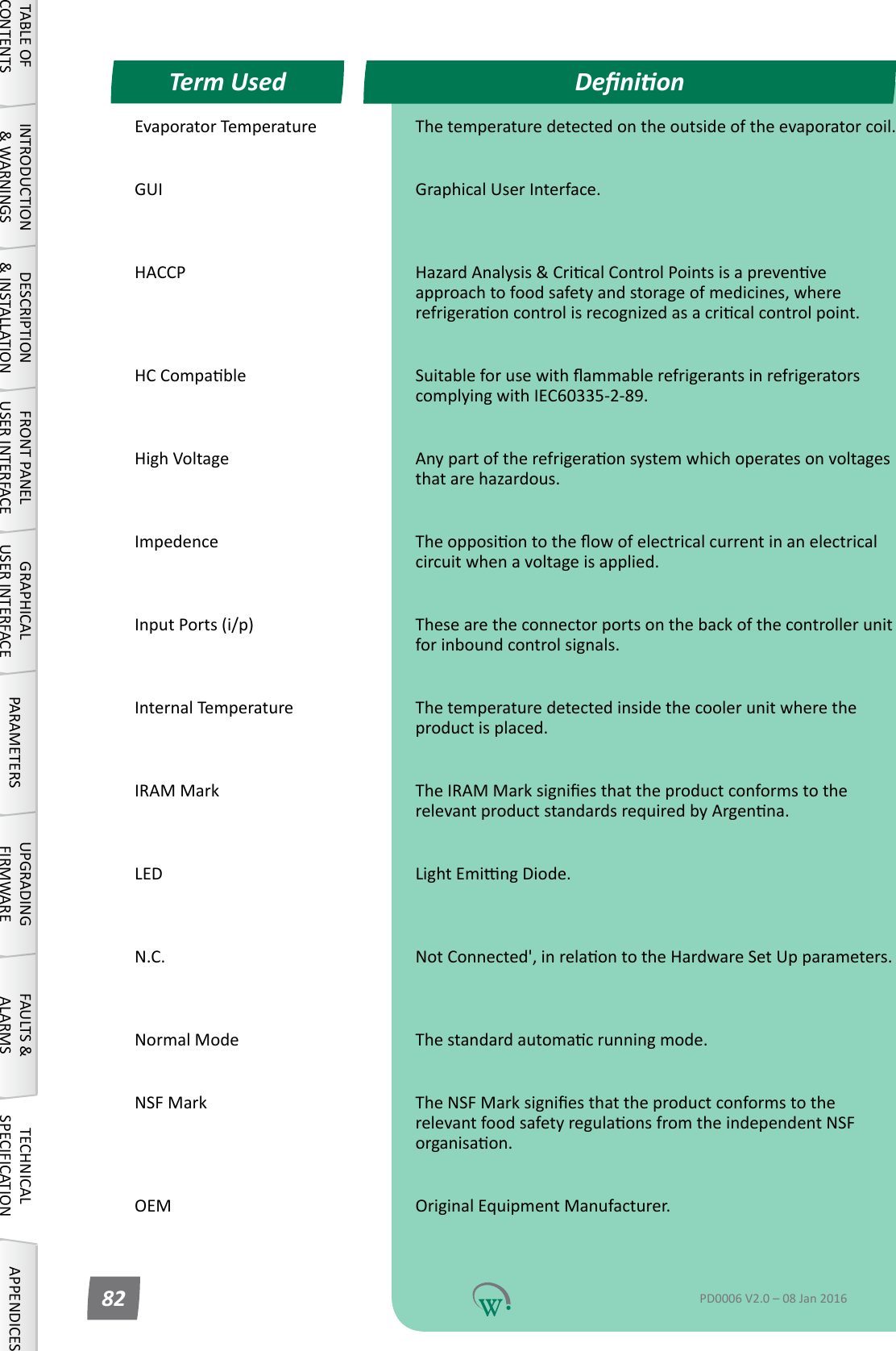 Evaporator Temperature The temperature detected on the outside of the evaporator coil. GUI Graphical User Interface.  HACCP HazardAnalysis&amp;CricalControlPointsisaprevenveapproachtofoodsafetyandstorageofmedicines,whererefrigeraoncontrolisrecognizedasacricalcontrolpoint. HCCompable SuitableforusewithammablerefrigerantsinrefrigeratorscomplyingwithIEC60335-2-89. HighVoltage Anypartoftherefrigeraonsystemwhichoperatesonvoltagesthatarehazardous. Impedence Theopposiontotheowofelectricalcurrentinanelectricalcircuitwhenavoltageisapplied. Input Ports (i/p) These are the connector ports on the back of the controller unit forinboundcontrolsignals. Internal Temperature The temperature detected inside the cooler unit where the product is placed. IRAM Mark TheIRAMMarksigniesthattheproductconformstotherelevantproductstandardsrequiredbyArgenna. LED LightEmingDiode.  N.C. NotConnected',inrelaontotheHardwareSetUpparameters.  Normal Mode Thestandardautomacrunningmode. NSF Mark TheNSFMarksigniesthattheproductconformstotherelevantfoodsafetyregulaonsfromtheindependentNSForganisaon. OEM OriginalEquipmentManufacturer.  DenionTerm UsedTABLE OF CONTENTSINTRODUCTION &amp; WARNINGSDESCRIPTION &amp; INSTALLATIONFRONT PANEL USER INTERFACEGRAPHICAL USER INTERFACE PARAMETERS UPGRADING FIRMWAREFAULTS &amp; ALARMSTECHNICAL SPECIFICATION APPENDICESPD0006 V2.0 &ndash; 08 Jan 201682