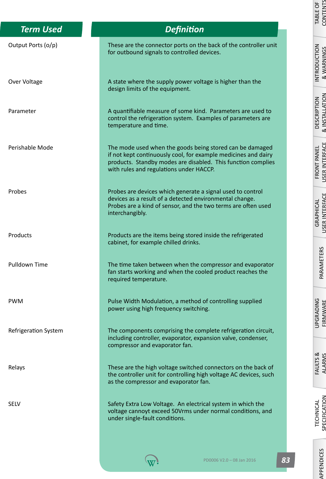 Output Ports (o/p) These are the connector ports on the back of the controller unit foroutboundsignalstocontrolleddevices.  OverVoltage Astatewherethesupplypowervoltageishigherthanthedesignlimitsoftheequipment. Parameter Aquanablemeasureofsomekind.Parametersareusedtocontroltherefrigeraonsystem.Examplesofparametersaretemperatureandme. Perishable Mode Themodeusedwhenthegoodsbeingstoredcanbedamagedifnotkeptconnuouslycool,forexamplemedicinesanddairyproducts.Standbymodesaredisabled.ThisfunconcomplieswithrulesandregulaonsunderHACCP. Probes Probesaredeviceswhichgenerateasignalusedtocontroldevicesasaresultofadetectedenvironmentalchange.Probesareakindofsensor,andthetwotermsareoenusedinterchangibly. Products Productsaretheitemsbeingstoredinsidetherefrigeratedcabinet, for example chilled drinks. Pulldown Time Themetakenbetweenwhenthecompressorandevaporatorfanstartsworkingandwhenthecooledproductreachestherequired temperature. PWM PulseWidthModulaon,amethodofcontrollingsuppliedpowerusinghighfrequencyswitching. RefrigeraonSystem Thecomponentscomprisingthecompleterefrigeraoncircuit,includingcontroller,evaporator,expansionvalve,condenser,compressor and evaporator fan. Relays ThesearethehighvoltageswitchedconnectorsonthebackofthecontrollerunitforcontrollinghighvoltageACdevices,suchas the compressor and evaporator fan. SELV SafetyExtraLowVoltage.Anelectricalsysteminwhichthevoltagecannoytexceed50Vrmsundernormalcondions,andundersingle-faultcondions. DenionTerm UsedTABLE OF CONTENTSINTRODUCTION &amp; WARNINGSDESCRIPTION &amp; INSTALLATIONFRONT PANEL USER INTERFACEGRAPHICAL USER INTERFACEPARAMETERSUPGRADING FIRMWAREFAULTS &amp; ALARMSTECHNICAL SPECIFICATIONAPPENDICESPD0006 V2.0 &ndash; 08 Jan 2016 83