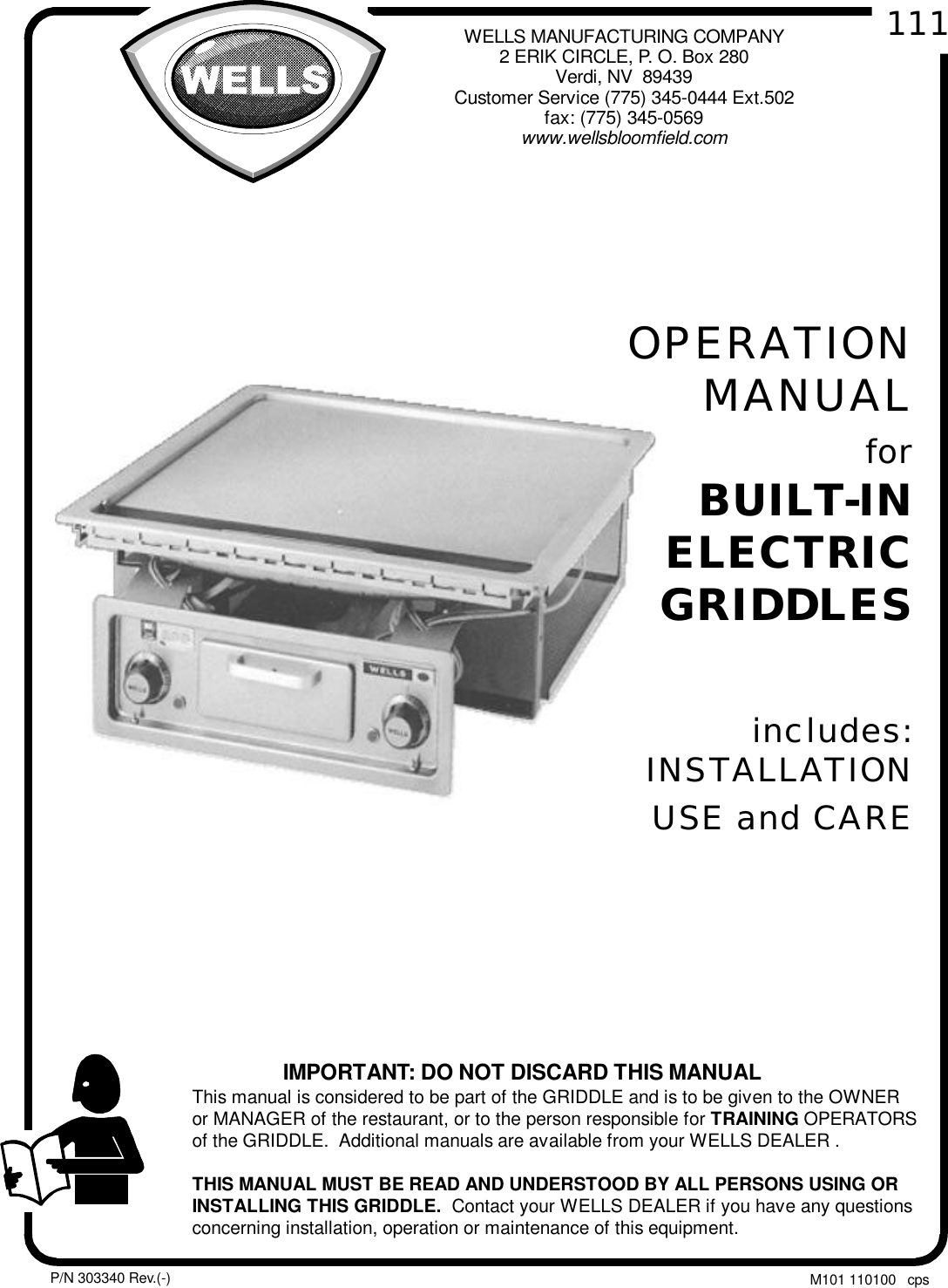 Wells Bulit In Electric Griddles Users Manual 111 Built InGriddlesOpM