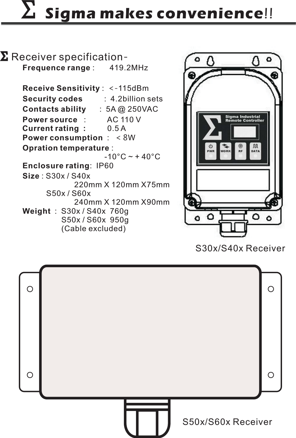 Sigma makes convenience!!ΣΣΣΣReceiver specification-Frequence range : 419.2MHzReceive Sensitivity : 115dBm&lt;-Security codes : 4.2billion setsPower source :AC110VPower consumption :W&lt;8Opration temperature :-10°C~+40°CSize :S50x / S60x240mm X 120mm X90mmS30x / S40x220mm X 120mm X75mmWeight :S50x / S60x 950g(Cable excluded)S30x / S40x 760gContacts ability : 5A @ 250VACEnclosure rating: IP60S30x/S40x ReceiverS50x/S60x ReceiverCurrent rating : 0.5 A