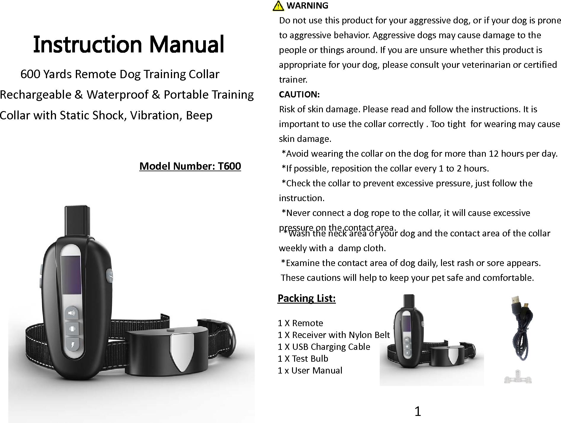 Wellturn Technology T600 Dog Training Collar User Manual
