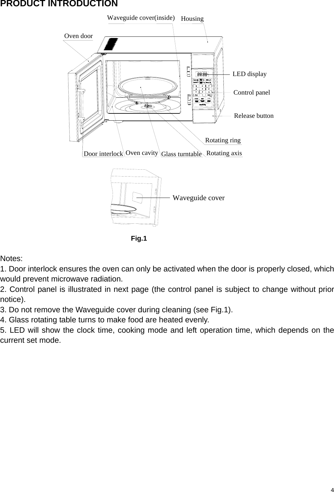  PRODUCT INTRODUCTION CLOCK LB DE F MEMOZTIMERENTER CODE AMT TIMERotating axisGlass turntableRotating ringControl panelLED displayWaveguide cover(inside) HousingOven doorDoor interlock Oven cavityRelease button Waveguide cover                                       Fig.1  Notes: 1. Door interlock ensures the oven can only be activated when the door is properly closed, which would prevent microwave radiation. 2. Control panel is illustrated in next page (the control panel is subject to change without prior notice). 3. Do not remove the Waveguide cover during cleaning (see Fig.1). 4. Glass rotating table turns to make food are heated evenly. 5. LED will show the clock time, cooking mode and left operation time, which depends on the current set mode.   4 